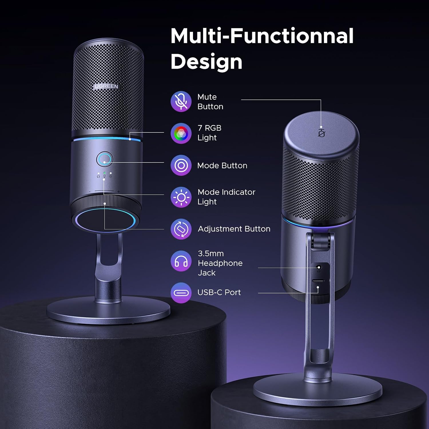 Detalle de UGREEN USB Microphone with 24-bit/96 kHz Audio, Cardioid Pickup and RGB