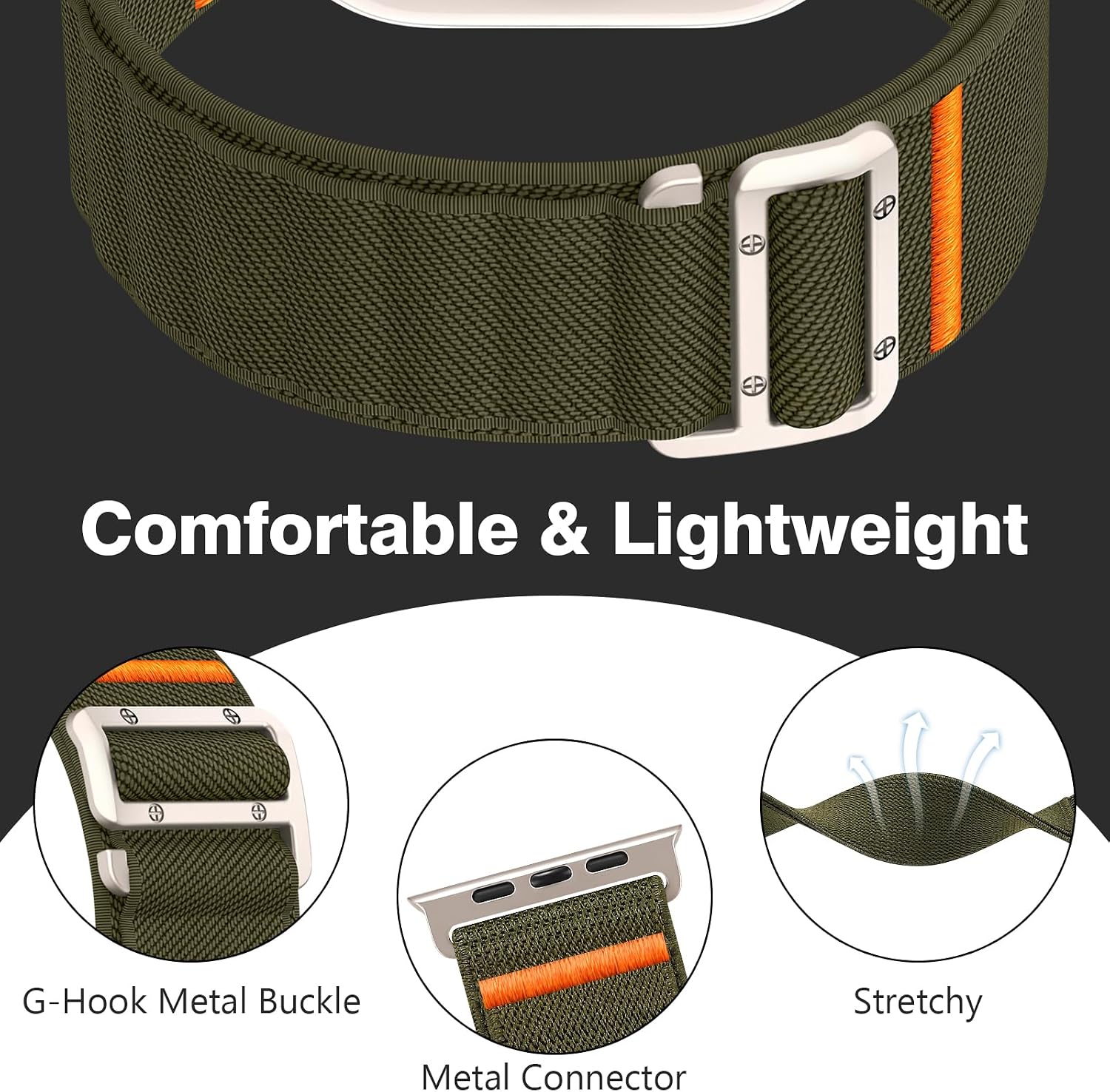 Detalle 2 de Nylon Armband kompatibel mit Apple Watch Ultra/Ultra 2 – 49mm bis 38mm, elastisches Sport Loop mit G-Haken