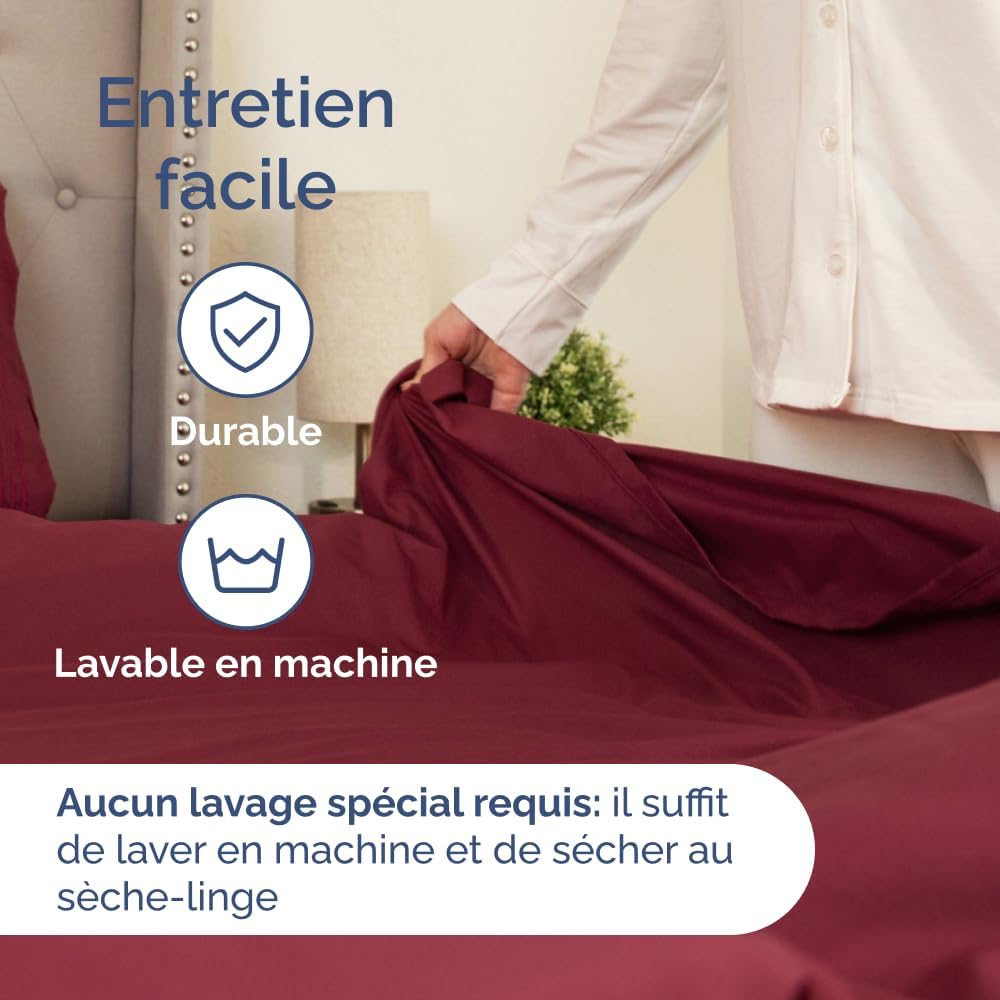 Detalle 2 de Ensemble de draps CGK Unlimited 4 pièces Bourgogne : drap plat, drap-housse 180x200 et 2 taies 50x80