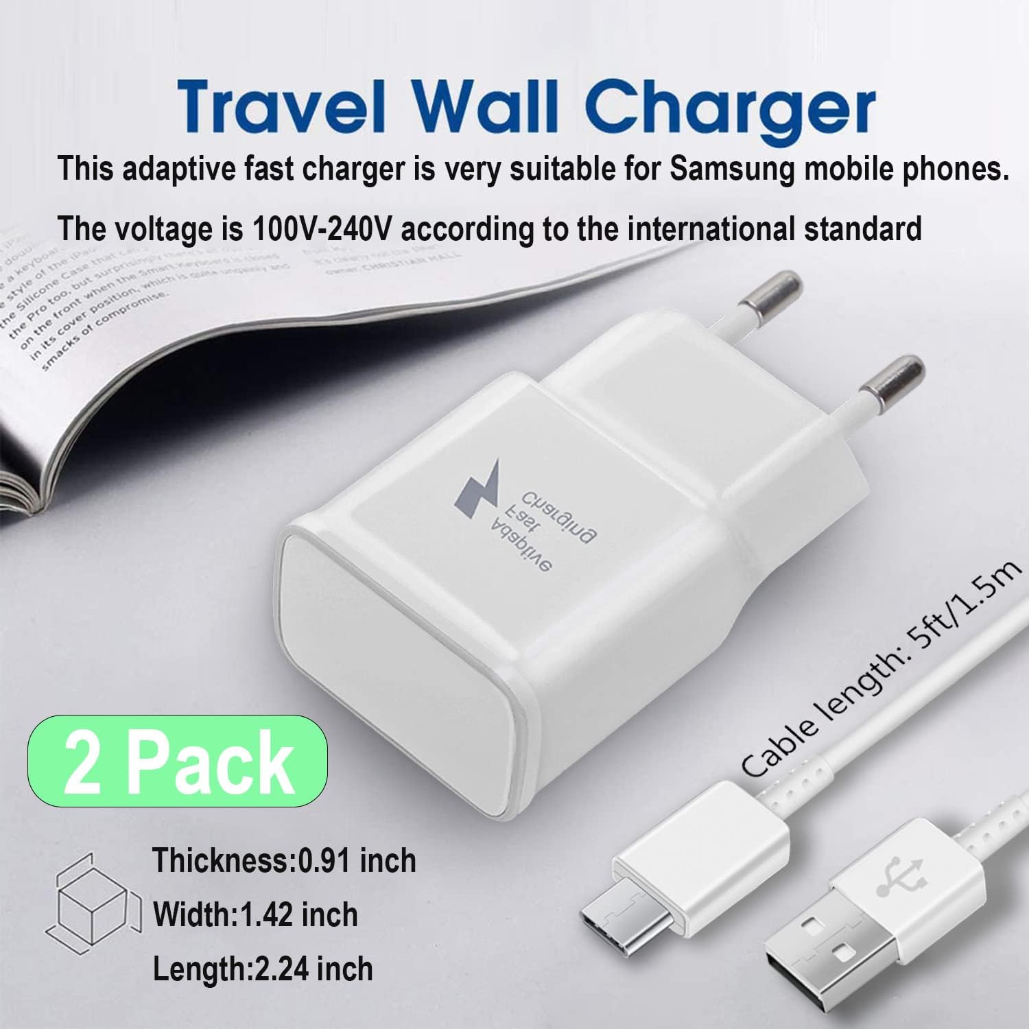 Detalle de Confezione da 2 caricabatterie USB con cavo USB-C da 1,5 m per Samsung Galaxy e altri dispositivi con ricarica rapida