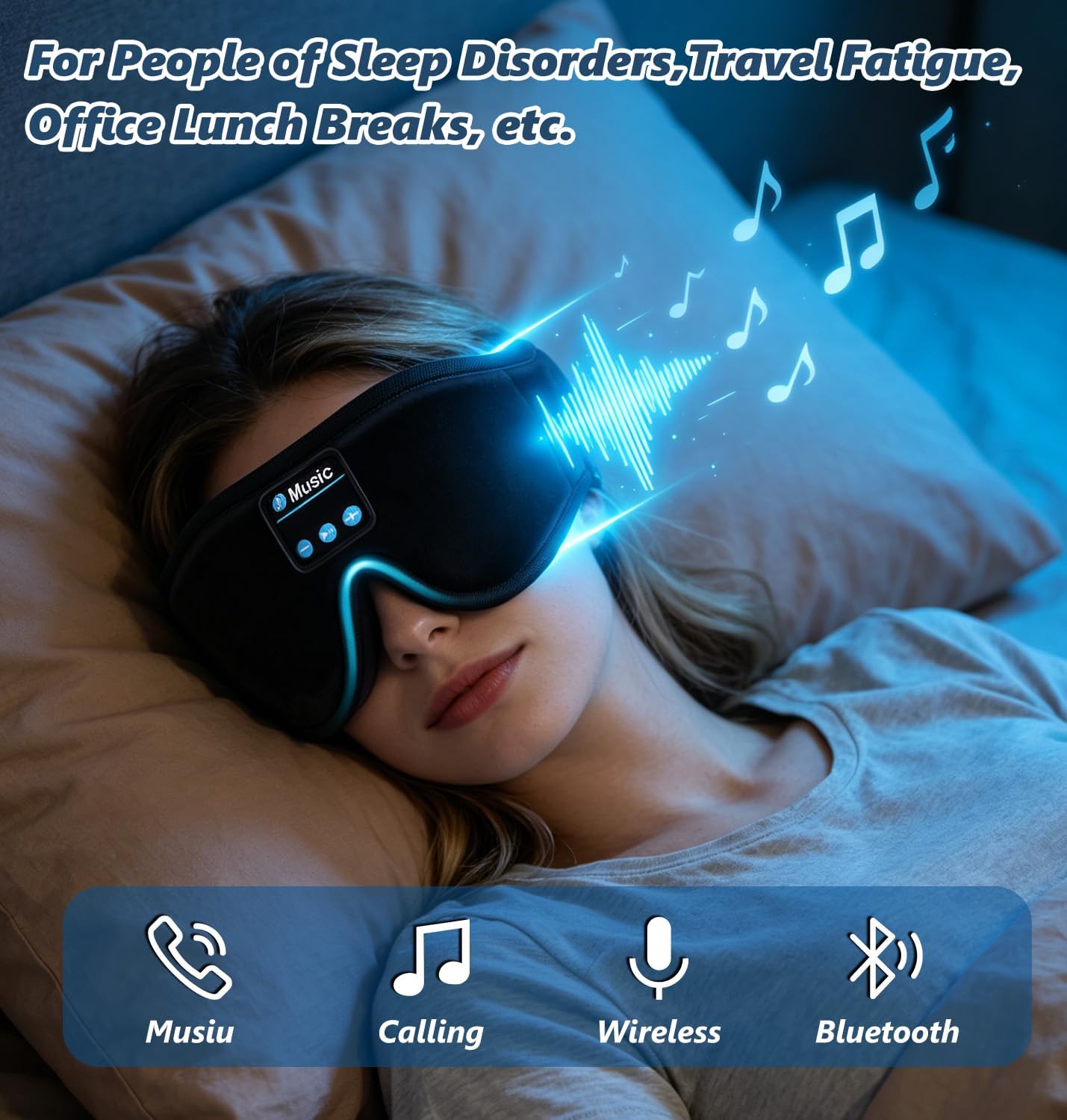 Detalle 2 de KARFUN Eye Mask with Bluetooth Headphones (Upgraded 3D Sleep Headphones) – 14h Battery, 5.4 BT, Side Sleeper Comfort