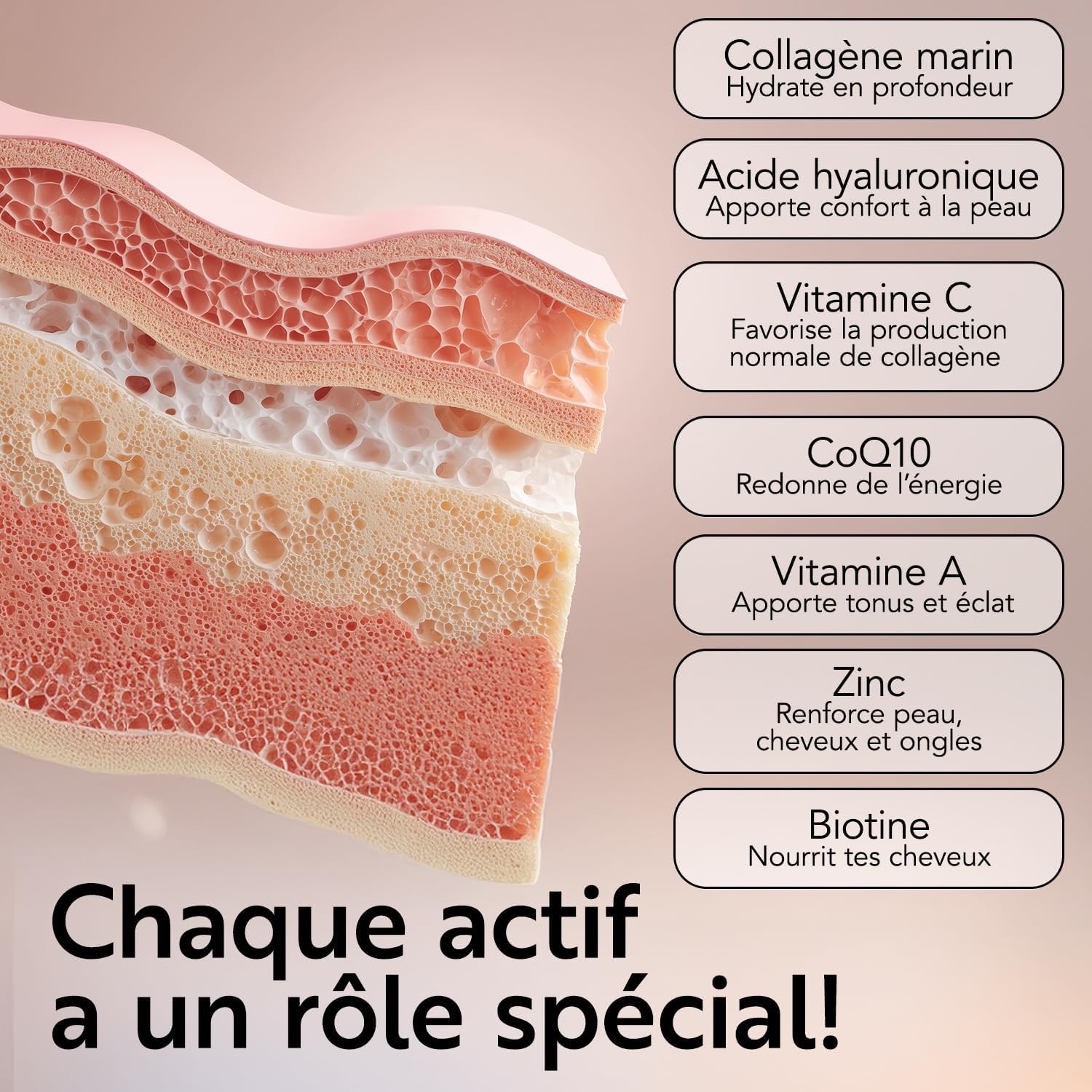 Detalle de Collagène Marin + Acide Hyaluronique PiùLife (2000 mg) – gélules pour peau, cheveux et articulations