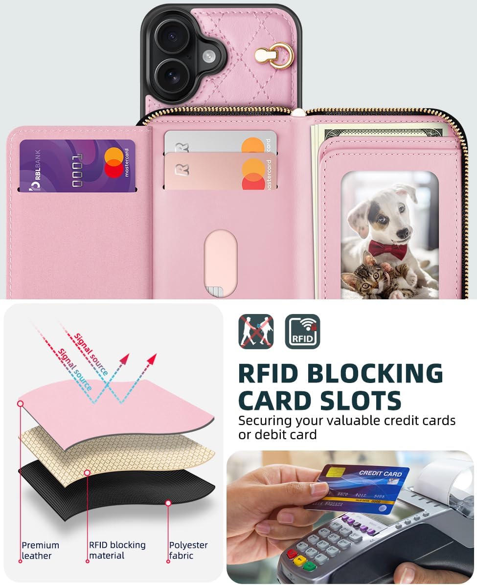 Thumbnail 5 de OCASE Brieftaschen-Hülle für iPhone 17 (6,3 Zoll) mit RFID-Schutz, PU-Leder, Reißverschluss und Trageband – Argyle Rosa
