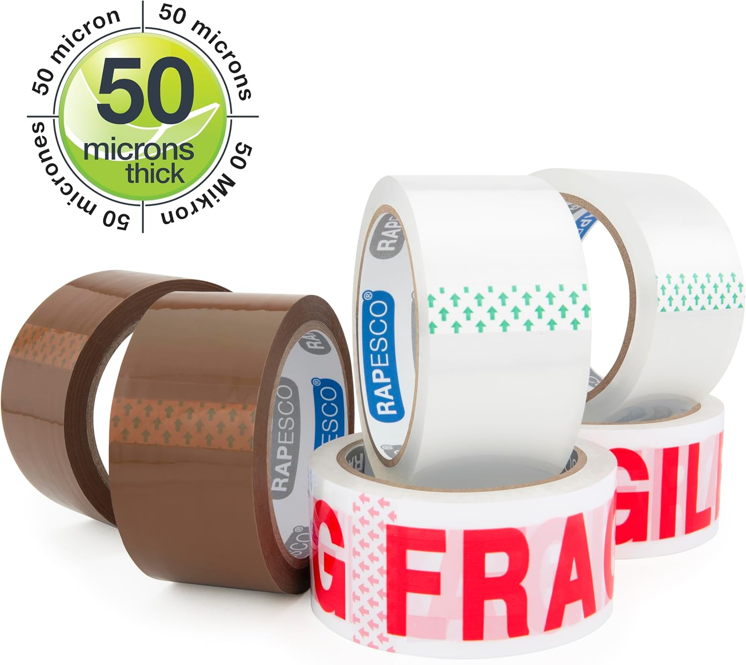 Detalle 2 de RAPESCO 1687 Rotoli Nastro da Imballaggio 50 mm x 50 m – 6 rotoli (2 Marroni, 2 Trasparenti, 2 FRAGILE)