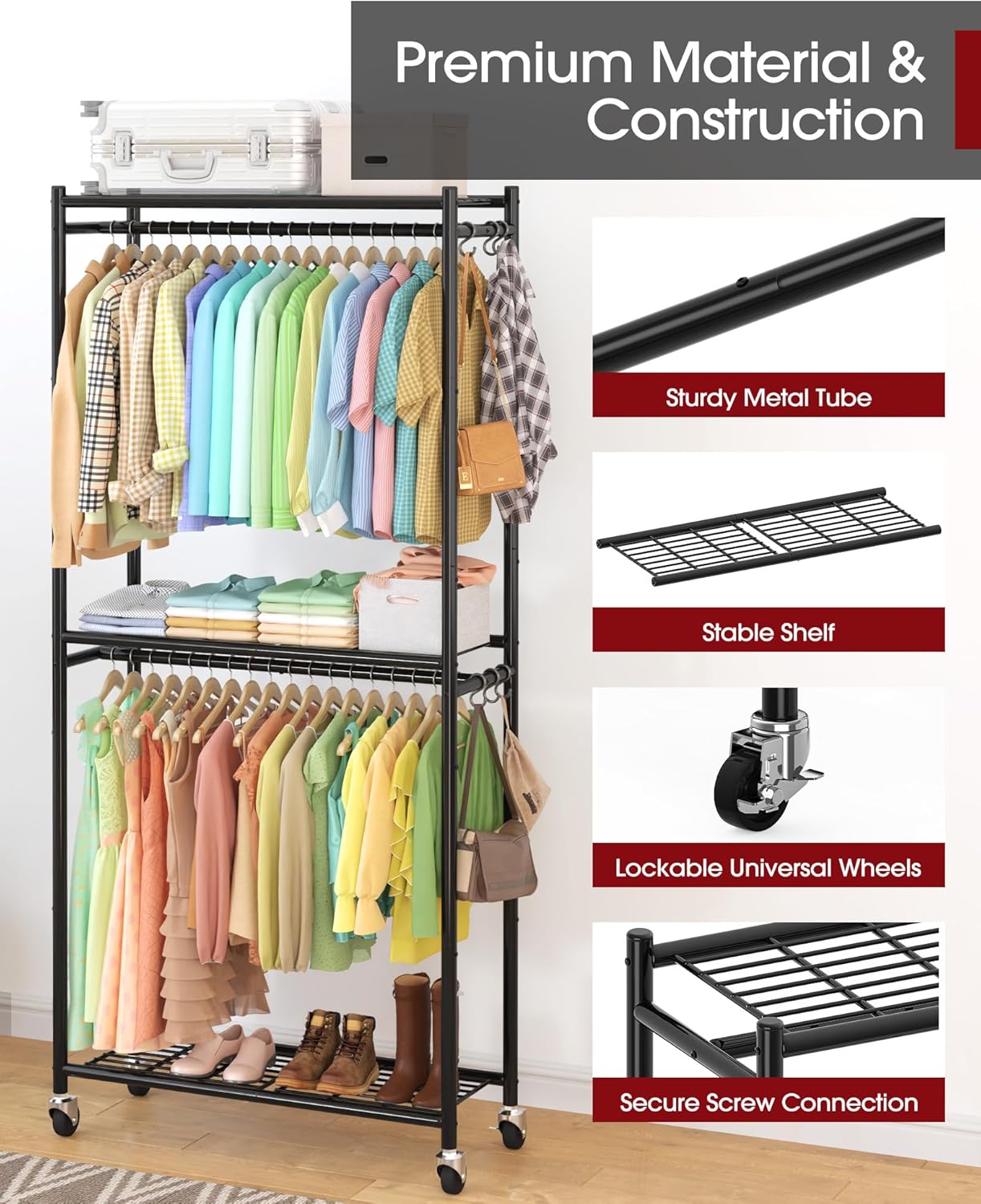 Thumbnail 2 de Sakugi Clothes Rack with Shelves & Wheels (Black) 33.0" x 12.2" x 79.5