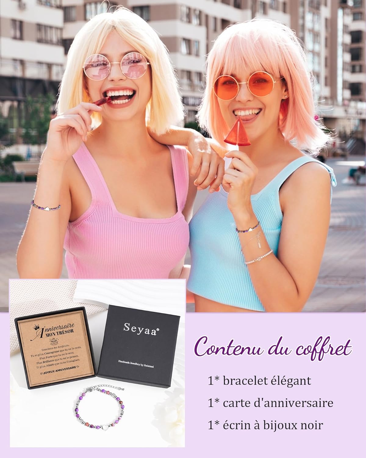 Thumbnail 3 de Bracelet personnalisé Seyaa en pierre naturelle, cœur, croix et trèfle à 4 feuilles – cadeau anniversaire fille et femme