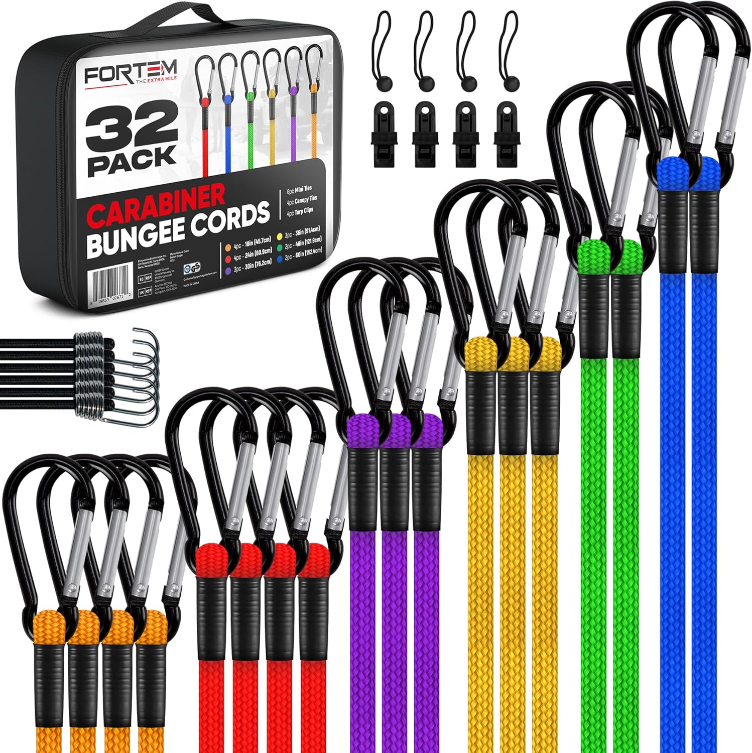 FORTEM Carabiner Bungee Cord Assortment (32-pack) with Coated Metal Hooks