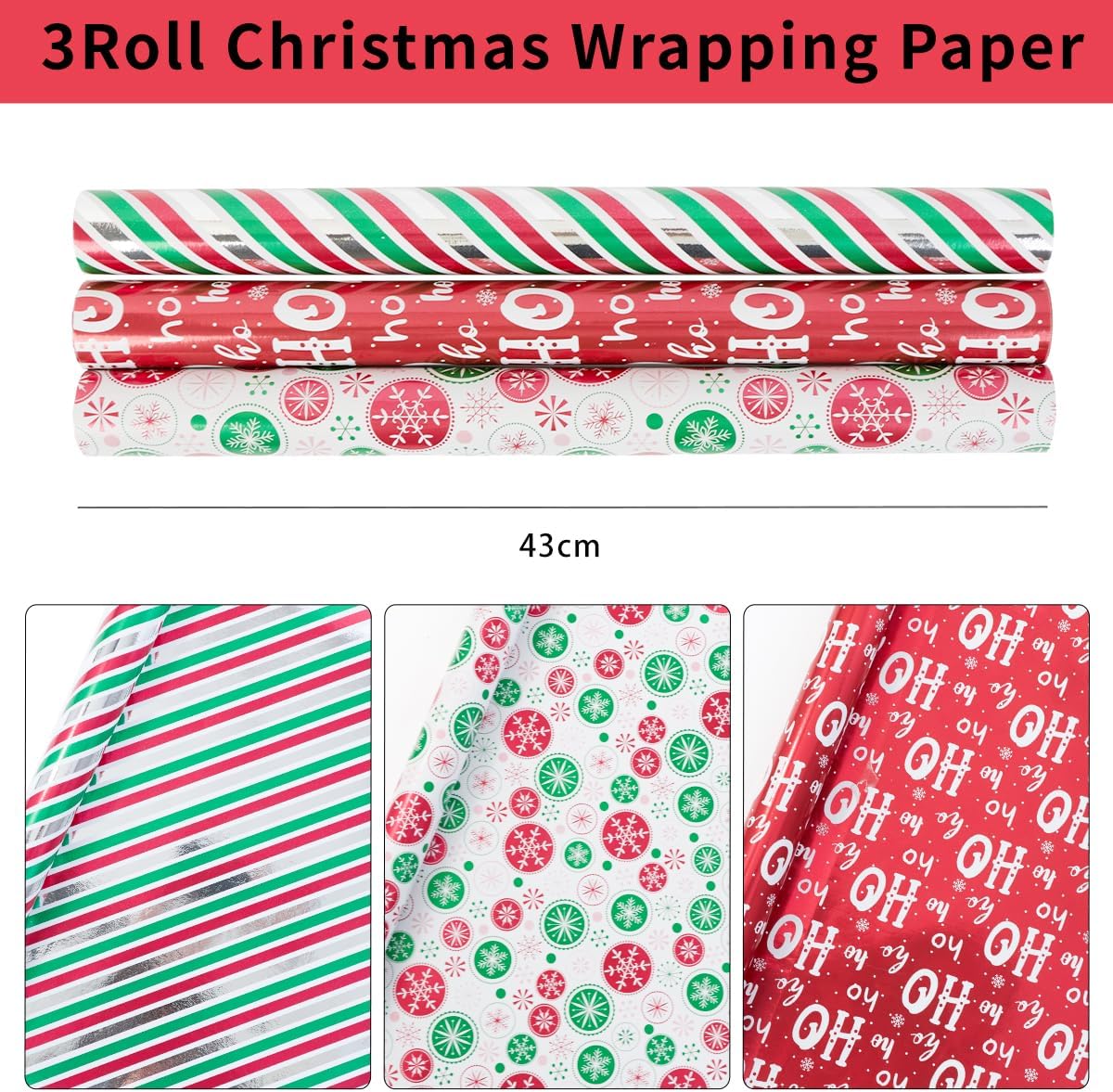 Detalle 2 de Christmas Wrapping Paper Roll – Red & Green Snowflake, 3 Rolls (43cm x 3m) Metallic Gift Wrap