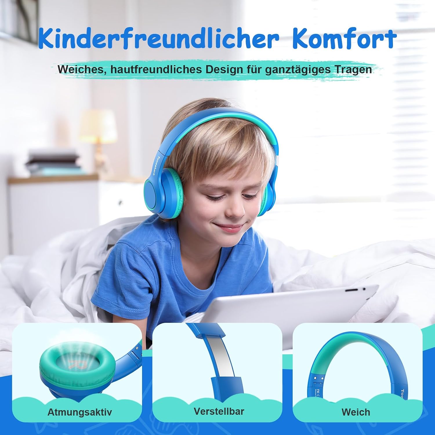 Thumbnail 2 de Tonoshark Kinder Bluetooth Over-Ear Kopfhörer mit Noise Cancelling – 60h Spielzeit, Mikrofon & Tragetasche (Dunkelblau)