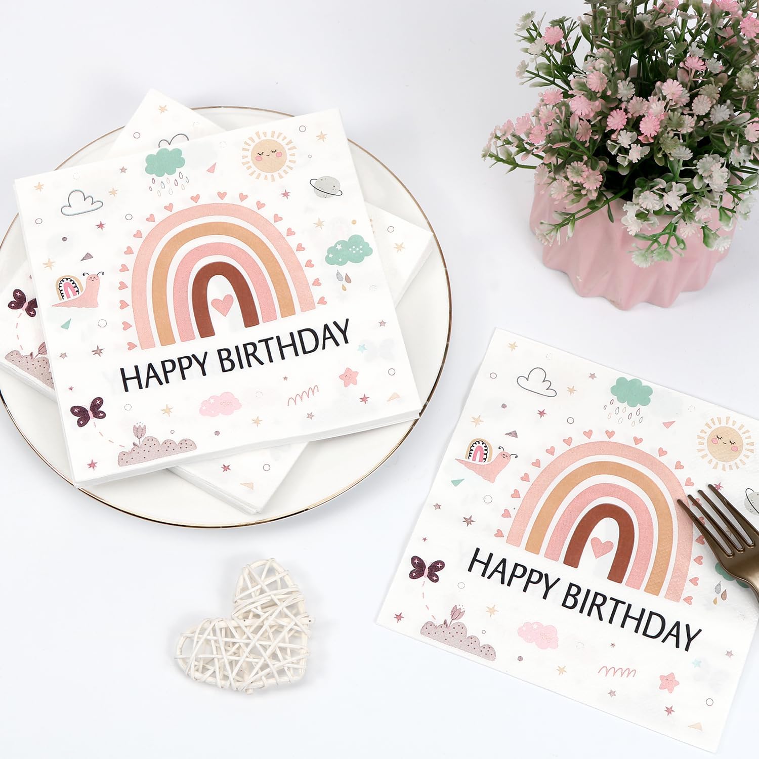 Thumbnail 3 de 40 x Regenbogen Geburtstag Servietten „Happy Birthday / Schön dass du da bist“ – 3-lagig, 33 x 33 cm (gefaltet 16,5 x 16,5 cm)