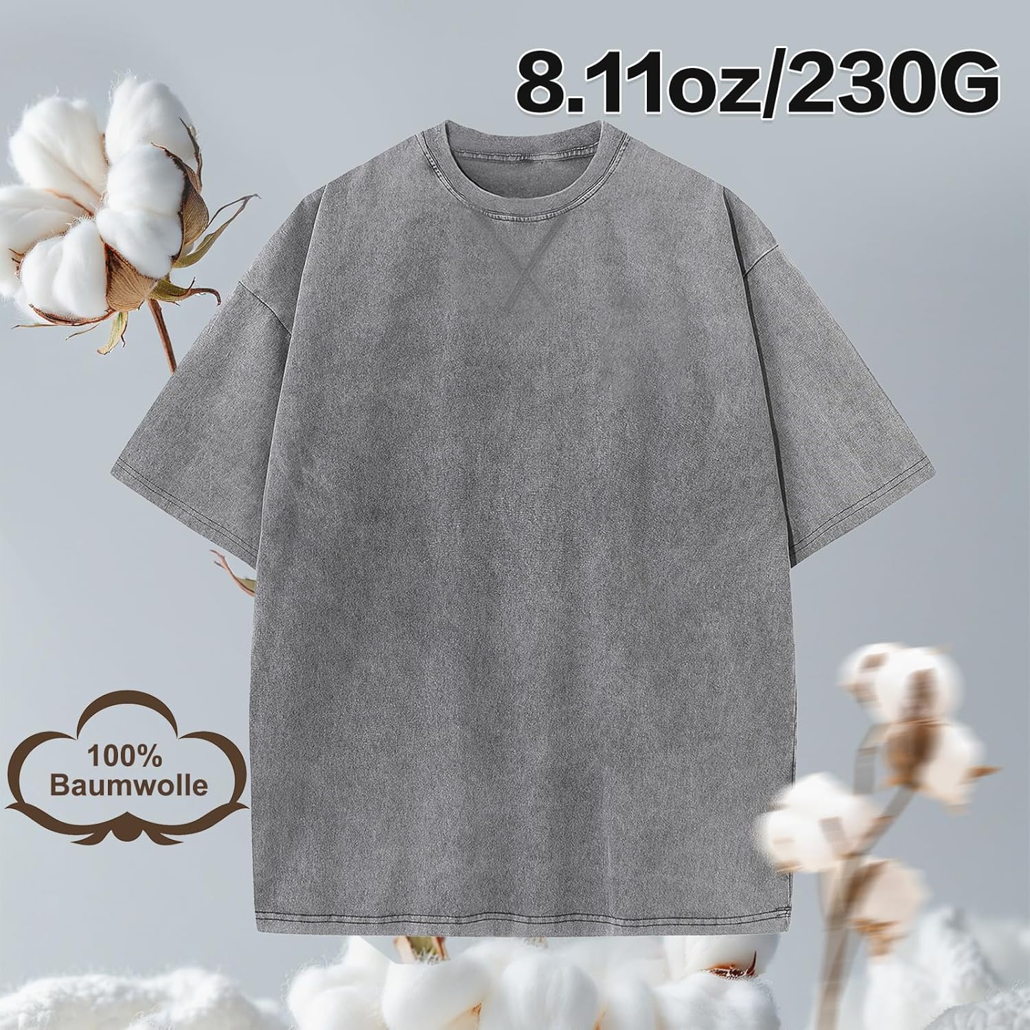 Thumbnail 3 de Oversized Basic T-Shirt für Herren aus Baumwolle – Acid Wash Rundhals, kurzarm