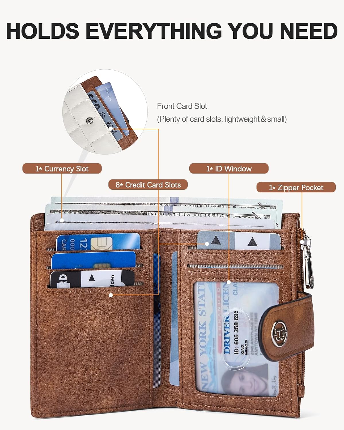 Detalle 2 de BOSTANTEN Small Quilted Bifold Wallet, Beige and Brown, RFID-Blocking with Zip Coin Pocket