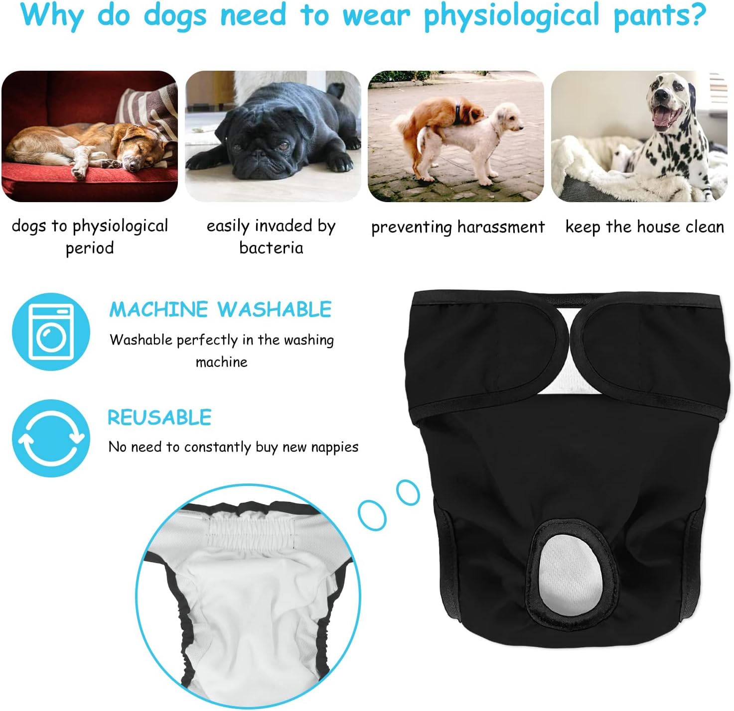 Detalle 2 de Hundewindeln waschbar & wiederverwendbar für Hündinnen – 3er Set XL, Schwarz