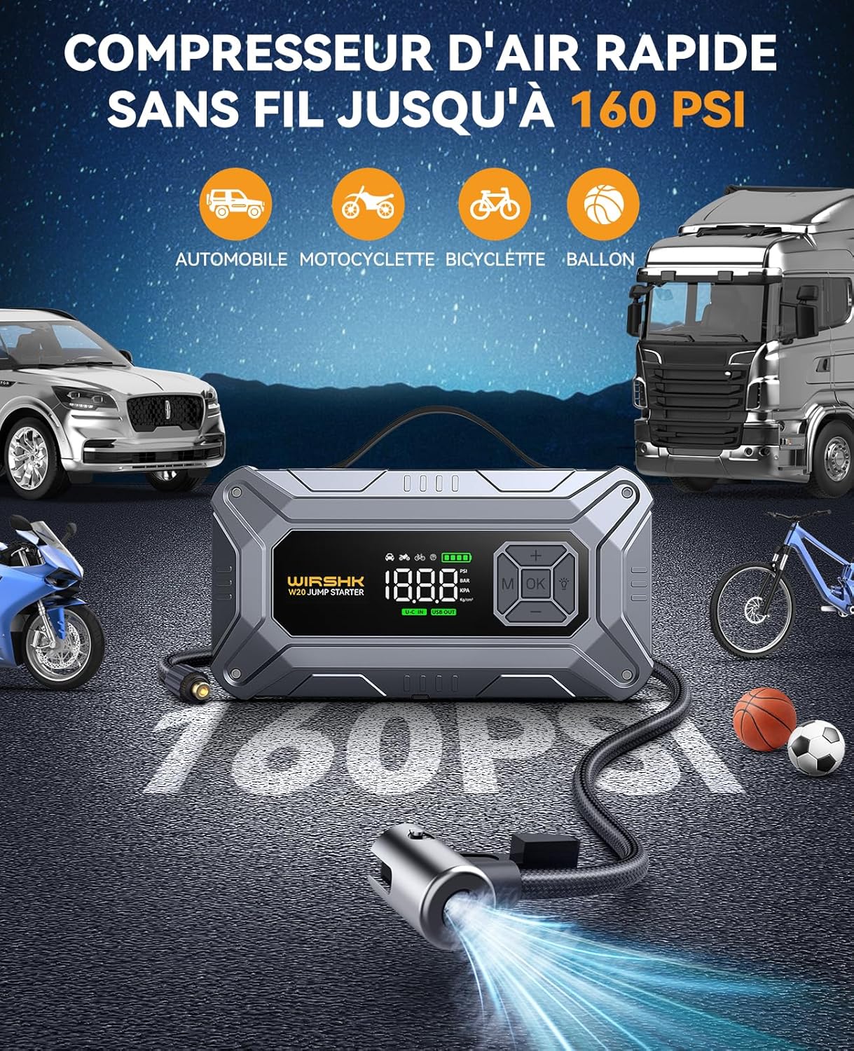 Thumbnail 2 de WIRSHK Booster Batterie Voiture 8000A avec Gonfleur Pneus 160 PSI – Démarreur + Compresseur et Power Bank