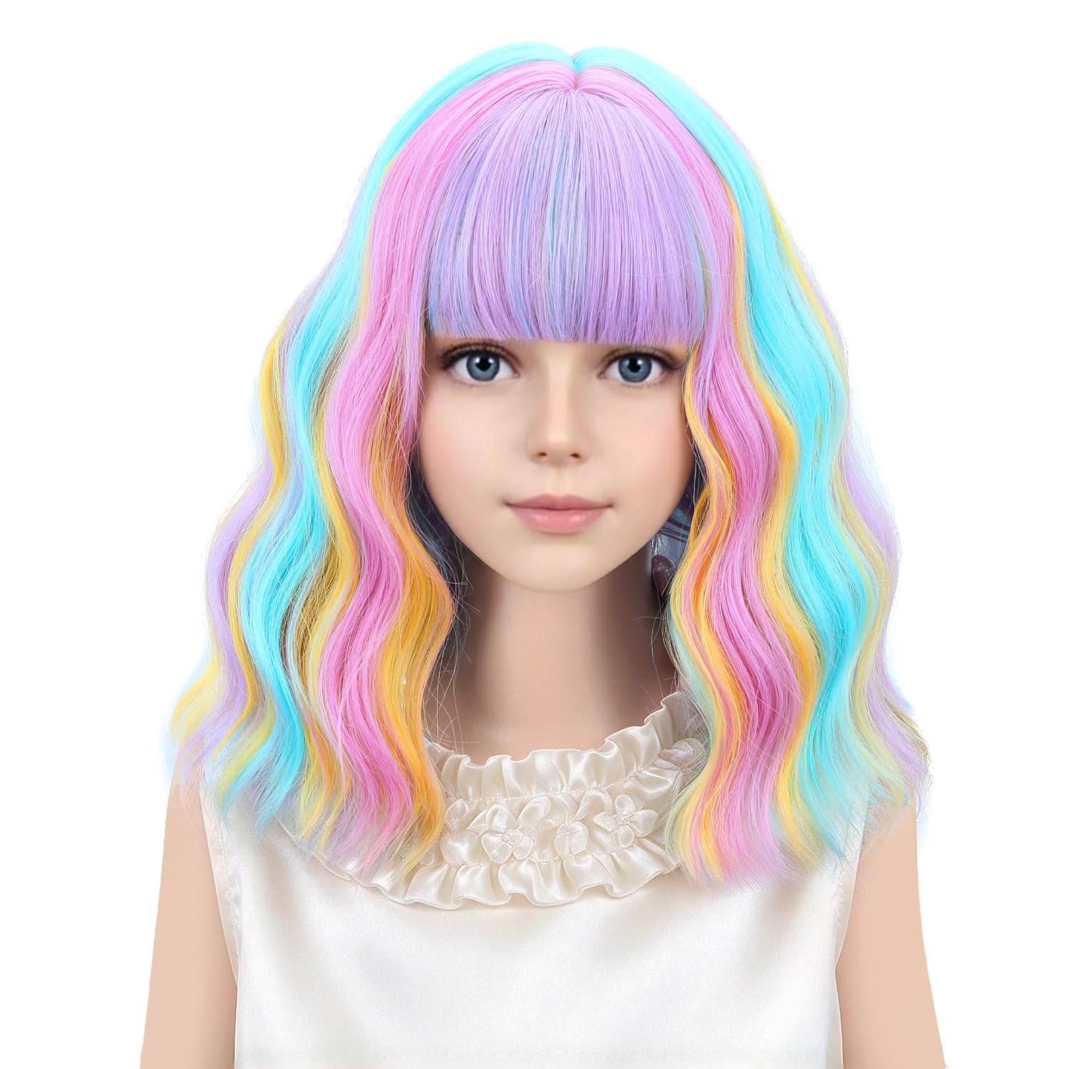 Detalle de PATTNIUM Multicolor Rainbow Wig for Kids with Bangs, Wavy Heat-Resistant Hair