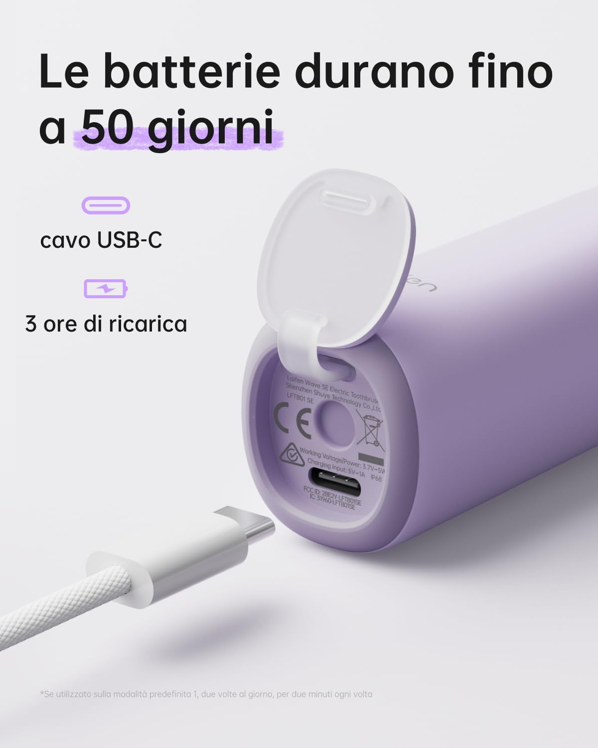 Thumbnail 4 de Laifen Wave Special Spazzolino Elettrico Sonico con Oscillazione & Vibrazione e App, IP68, 2 Testine di Ricambio (Viola)