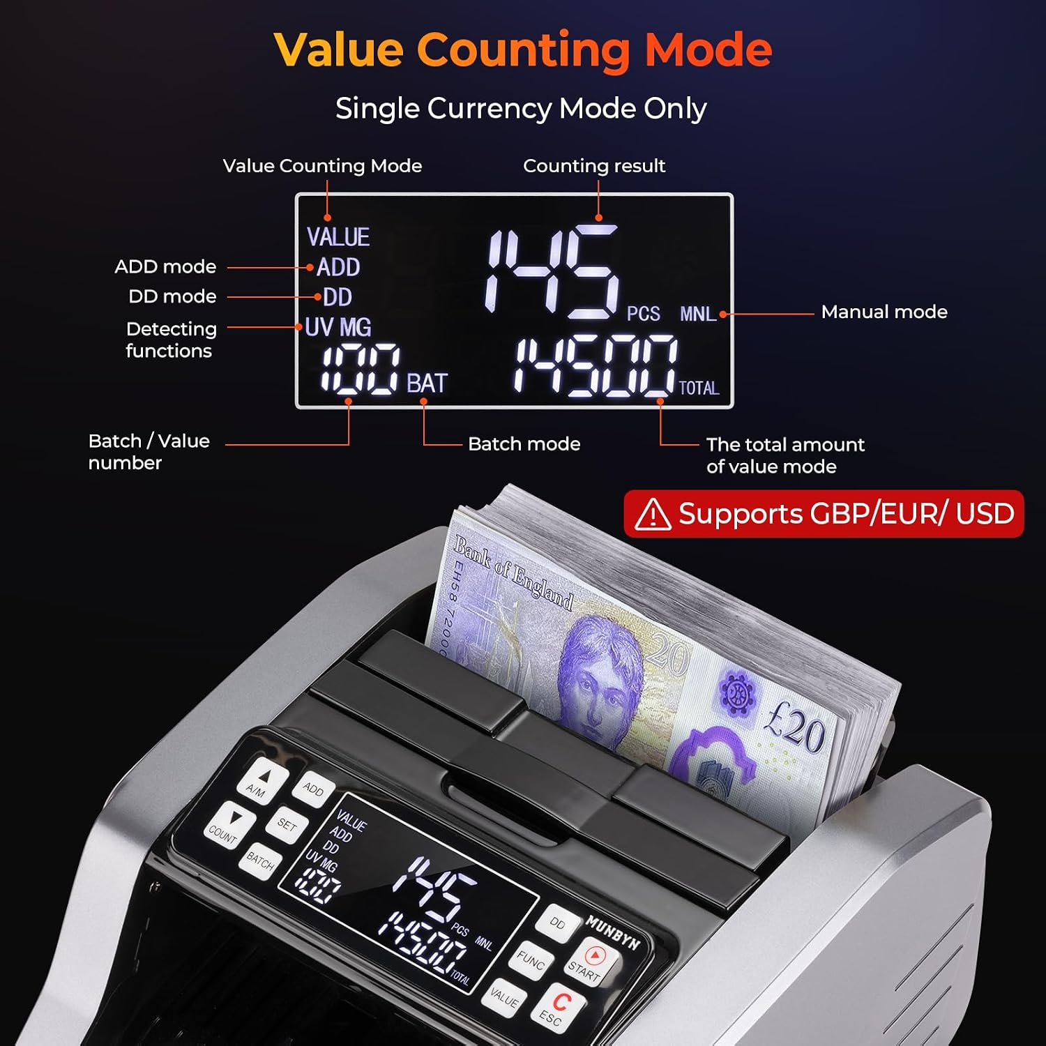 Thumbnail 1 de MUNBYN IMC20 Money Counter Machine UK with Value Count for GBP/EUR/USD