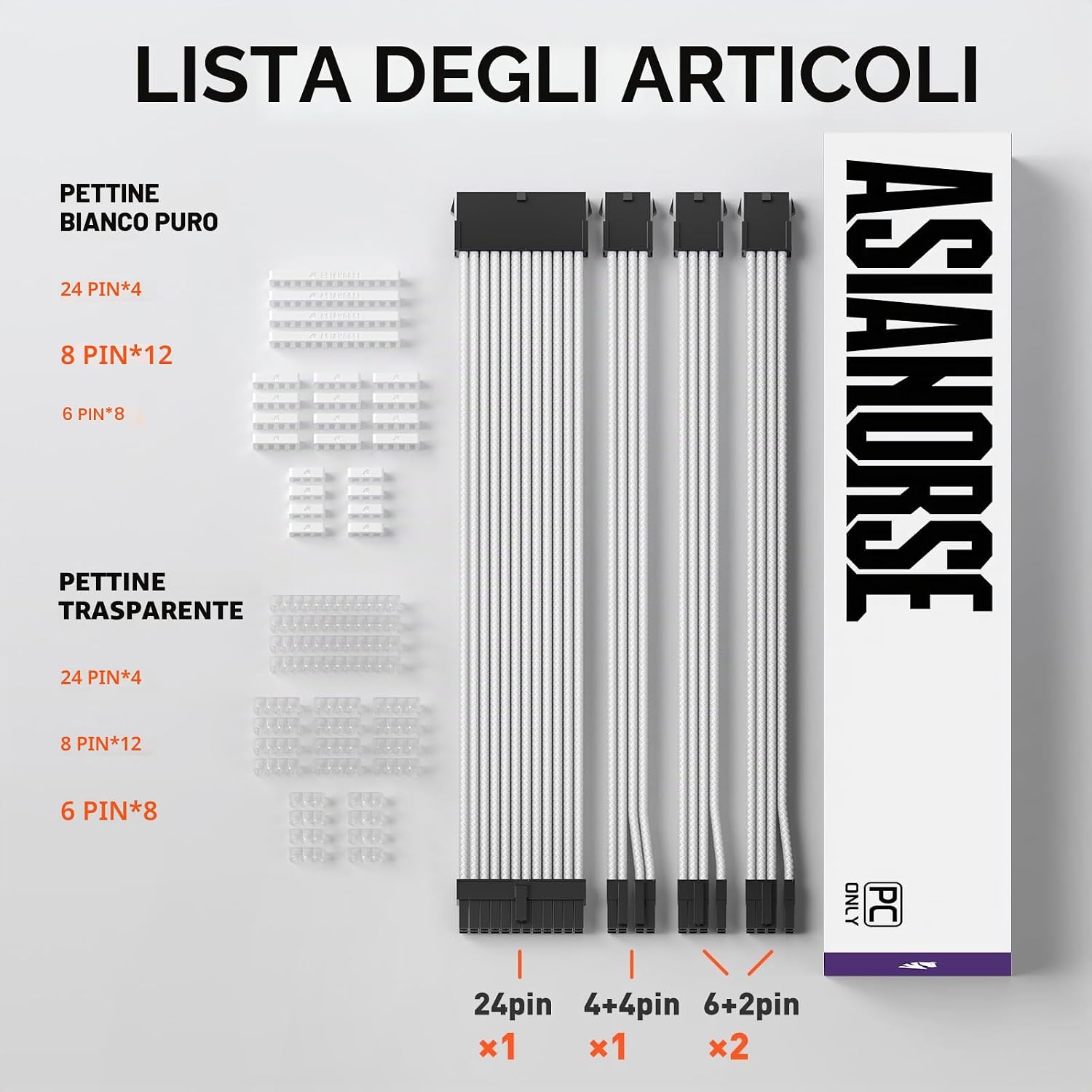 Thumbnail 6 de AsiaHorse 18AWG Prolunga Cavo PSU 24 pin + 4+4 + 6+2, 30 cm, Bianco
