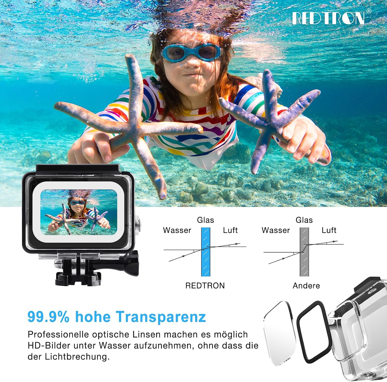 Detalle de REDTRON wasserdichtes Gehäuse für GoPro Hero 5/6/7 (60 m) inkl. Schnellmontage und Anti-Fog-Einsätze