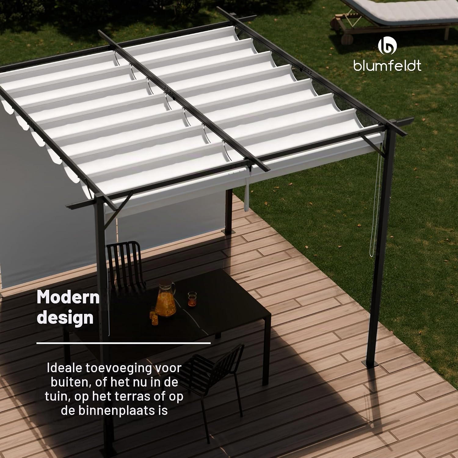 Detalle de blumfeldt pergola 3 x 4 m met polyester dak en verstelbare zijjaloezieën