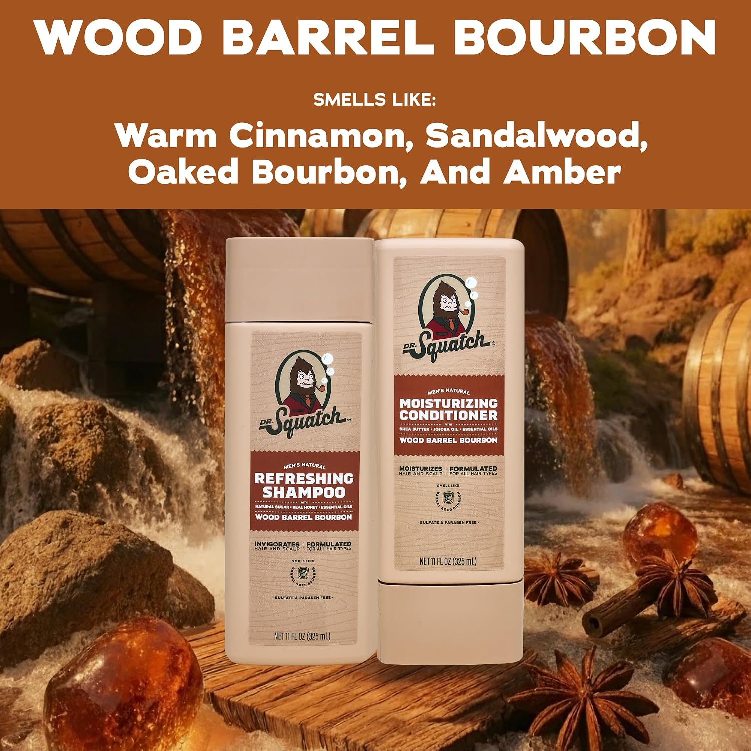 Detalle de Dr. Squatch Men's Natural Shampoo and Conditioner Set, Wood Barrel Bourbon, 2-Pack
