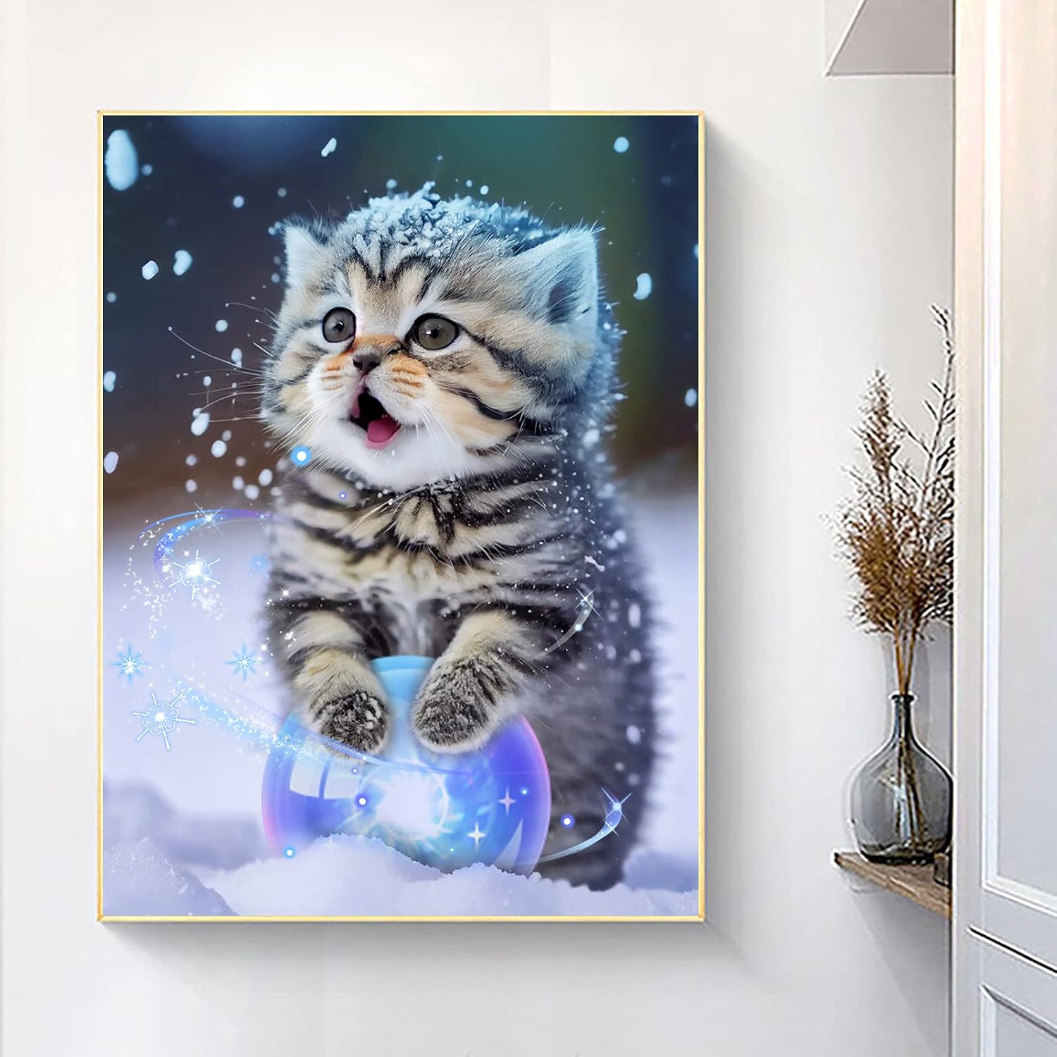 Detalle de Diamond Painting Katze im Schnee 5D | DIY Diamant Malerei Kit 30x40 cm