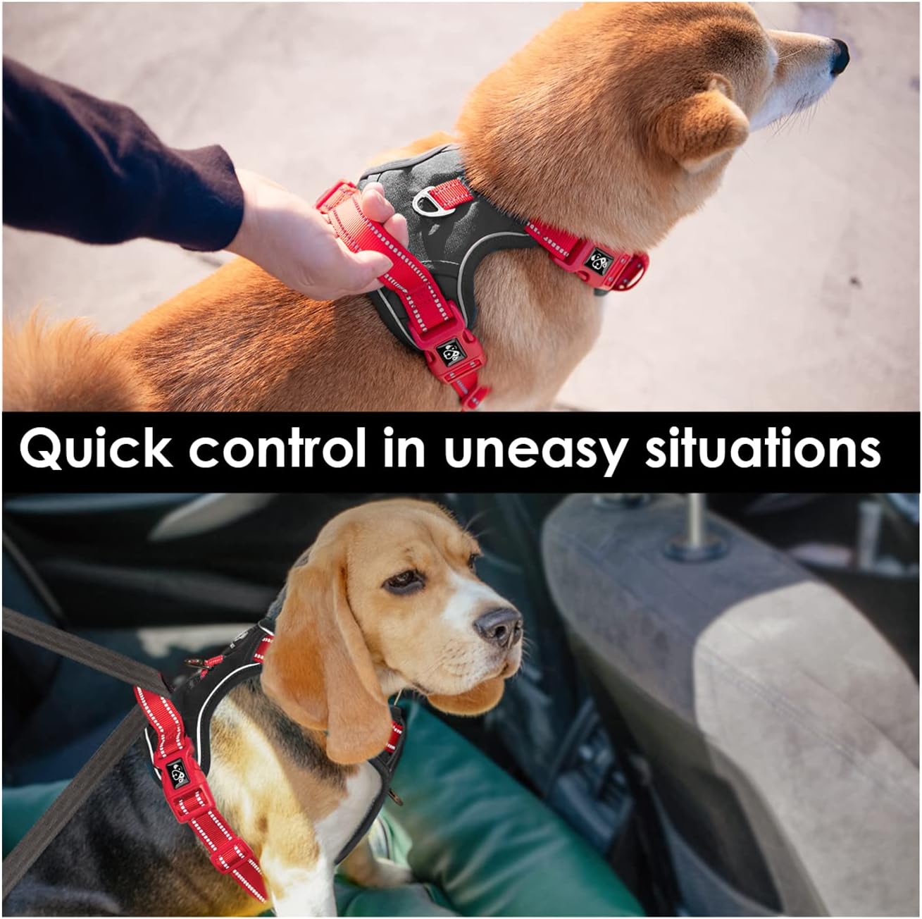 Thumbnail 3 de PHOEPET No-Pull Escape Proof Adjustable Dog Harness with Reflective Straps and Control Handle (Black Base & Red Straps, S)