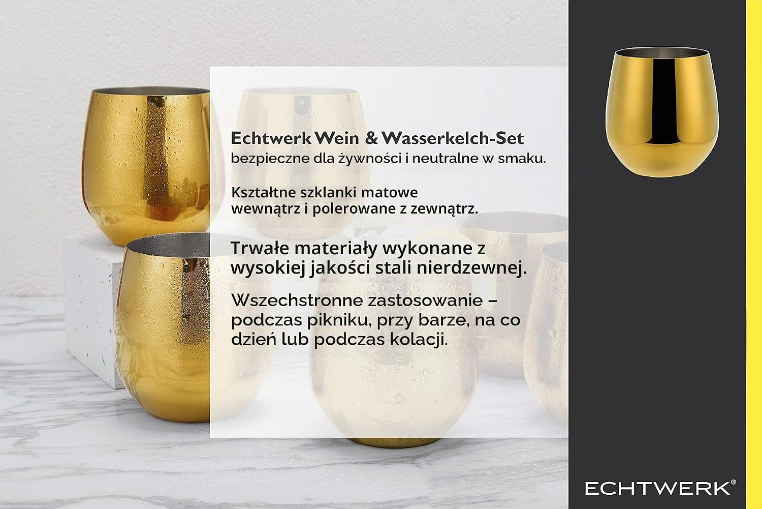 Thumbnail 5 de ECHTWERK EW-SG-1774G – 6 stalowych kieliszków, złota edycja, 500 ml