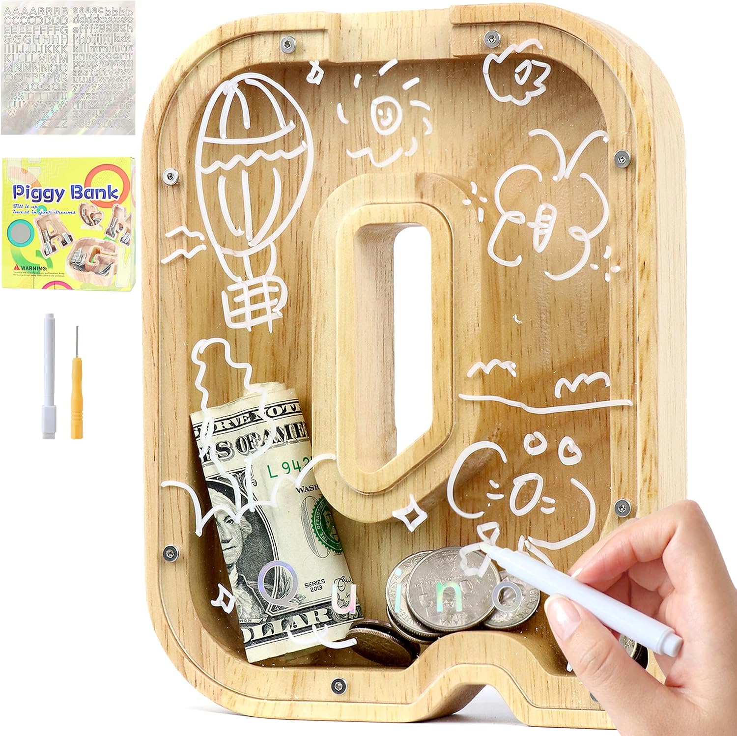 Thumbnail 6 de Lakpopya Spardose für Kinder – personalisiert, durchsichtiges Panel aus Acryl, Holzspardose mit Buchstabe A–Z und Zielspeicher