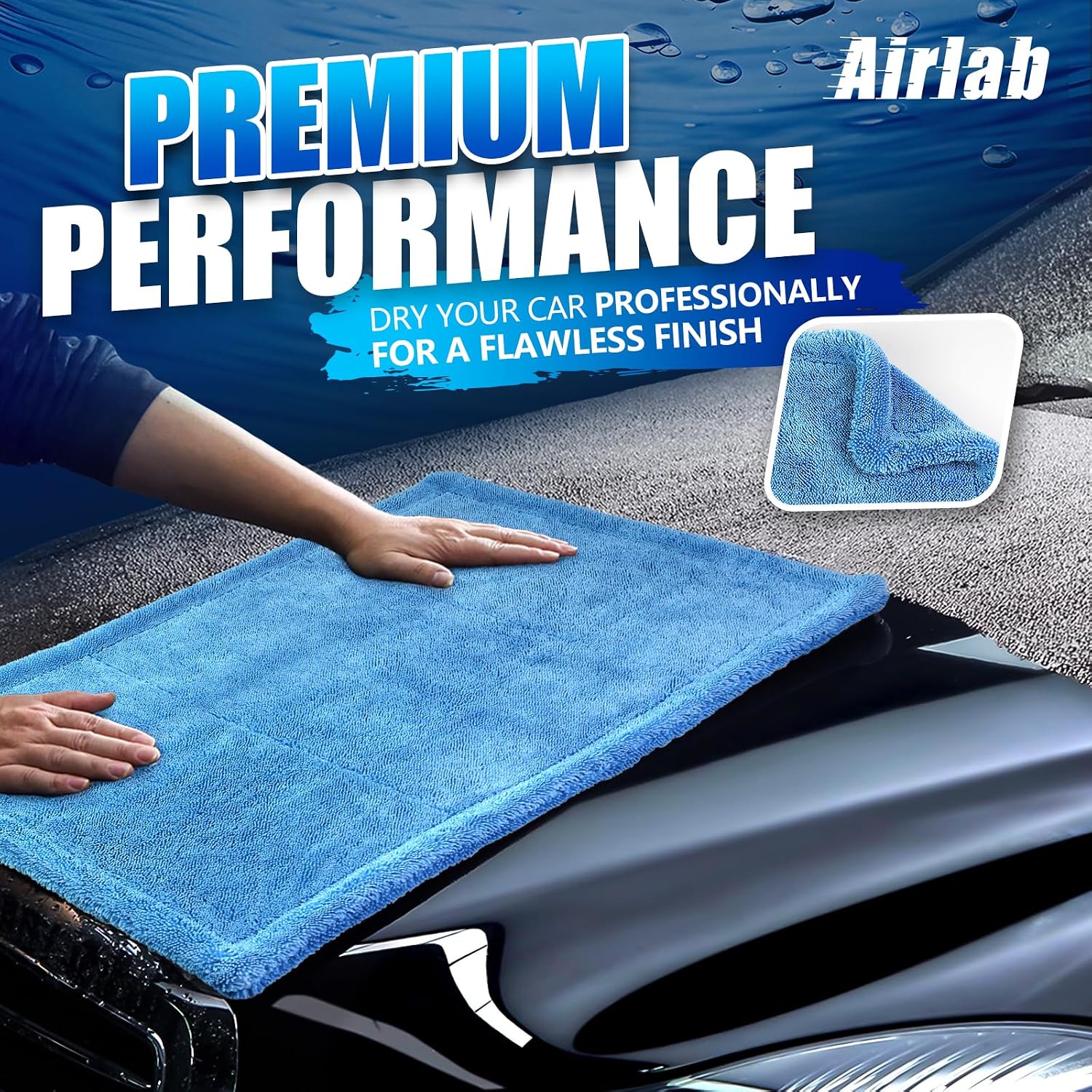 Thumbnail 1 de Airlab Auto Trockentuch 1200GSM – Mikrofasertuch XXL zum Autotrocknen, streifenfrei & fusselfrei (blau), ca. 60 x 40 cm