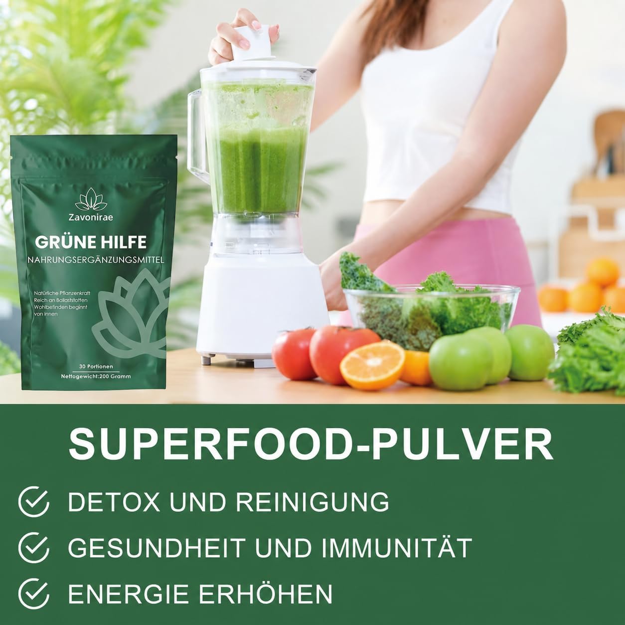 Detalle de Grüne Entgiftungspulver – 200 g Superfood Greens Mix mit Matcha, Gerstengras, Heidelbeeren