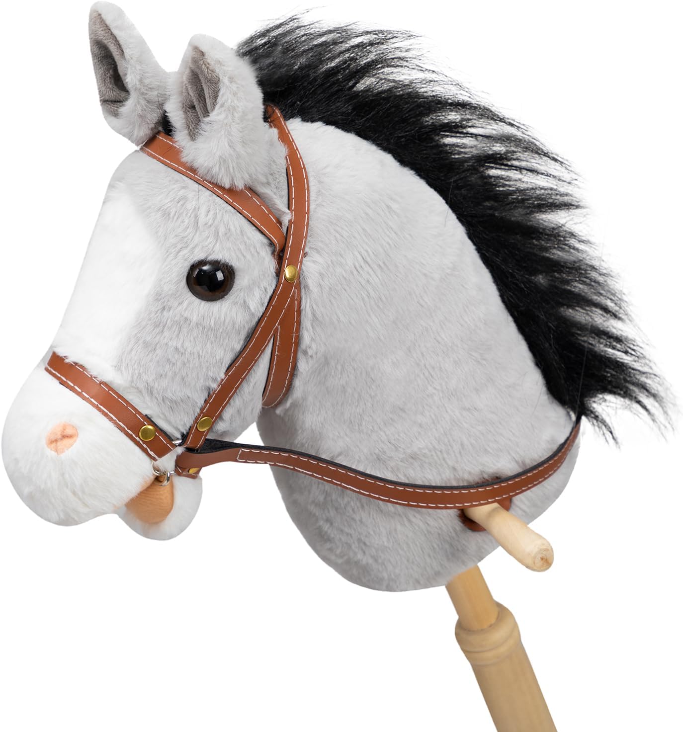 Thumbnail 4 de HollyHOME Stick Horse with Wood Wheels – 91cm Grey Plush Hobby Horse