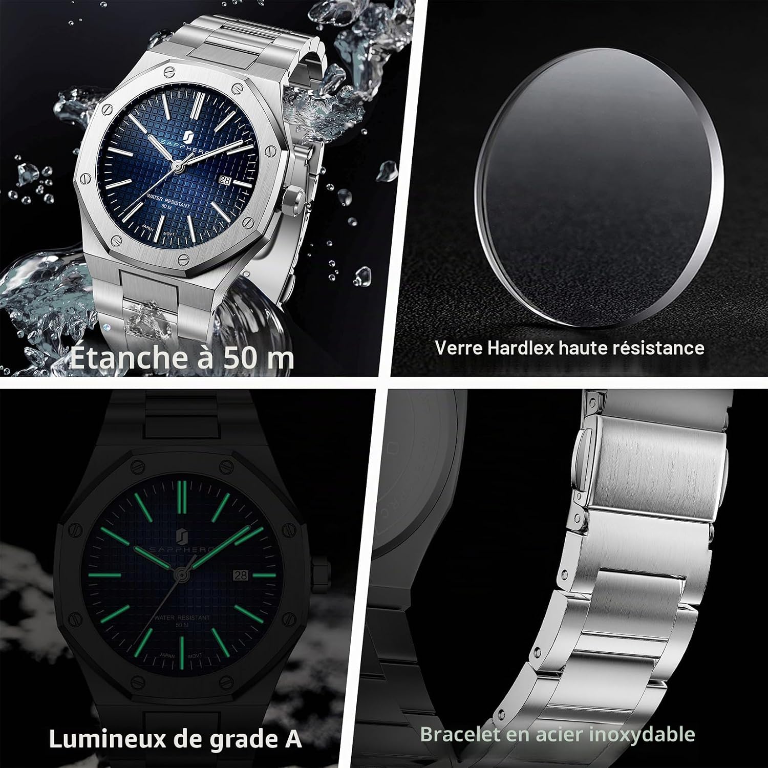 Detalle 2 de SAPPHERO montre homme octogonale en acier à quartz japonais – cadran damier, étanchéité 10/30M