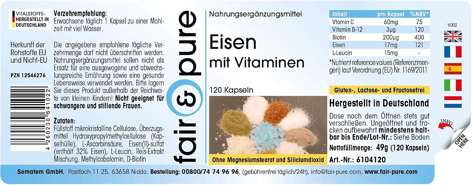Detalle de Fair & Pure Eisen mit Vitaminen, 120 Kapseln – schluckfreundlich, vegan, hergestellt in Deutschland