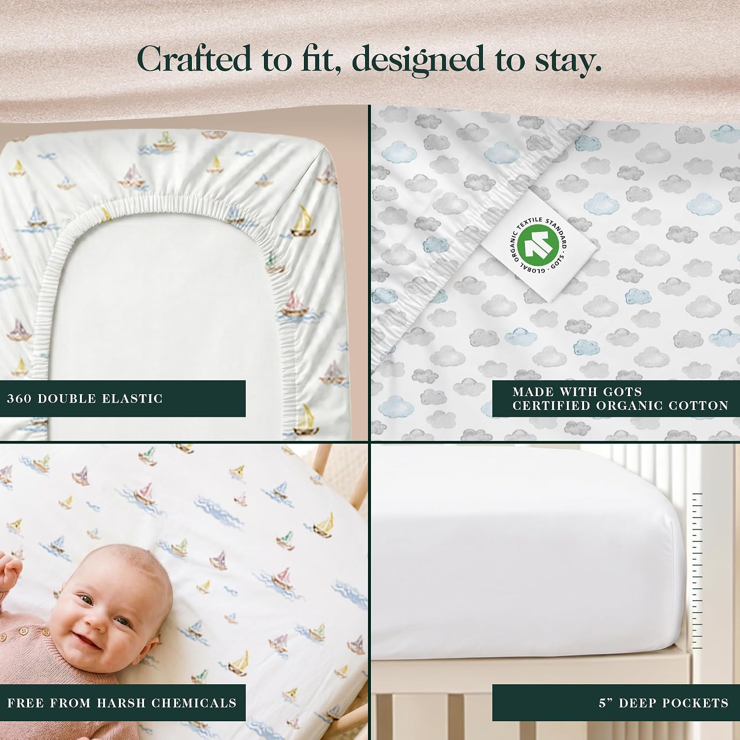 Detalle 2 de THE LINEN COMPANY NEW YORK BFS-3-BD Organic Cotton Bassinet Sheets, 3-Pack, Watercolors