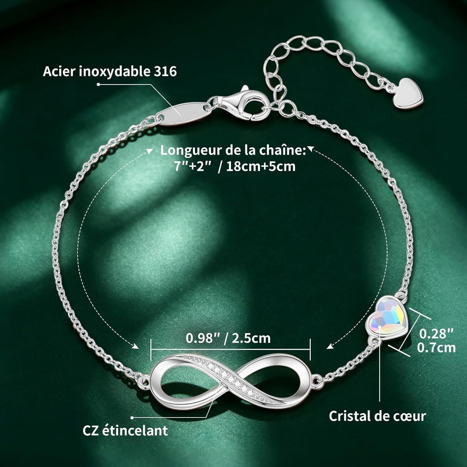 Detalle de LOUISA SECRET Bracelet Femme Argent 925 Infini - Bracelet Cœur & Zircons, Ajustable