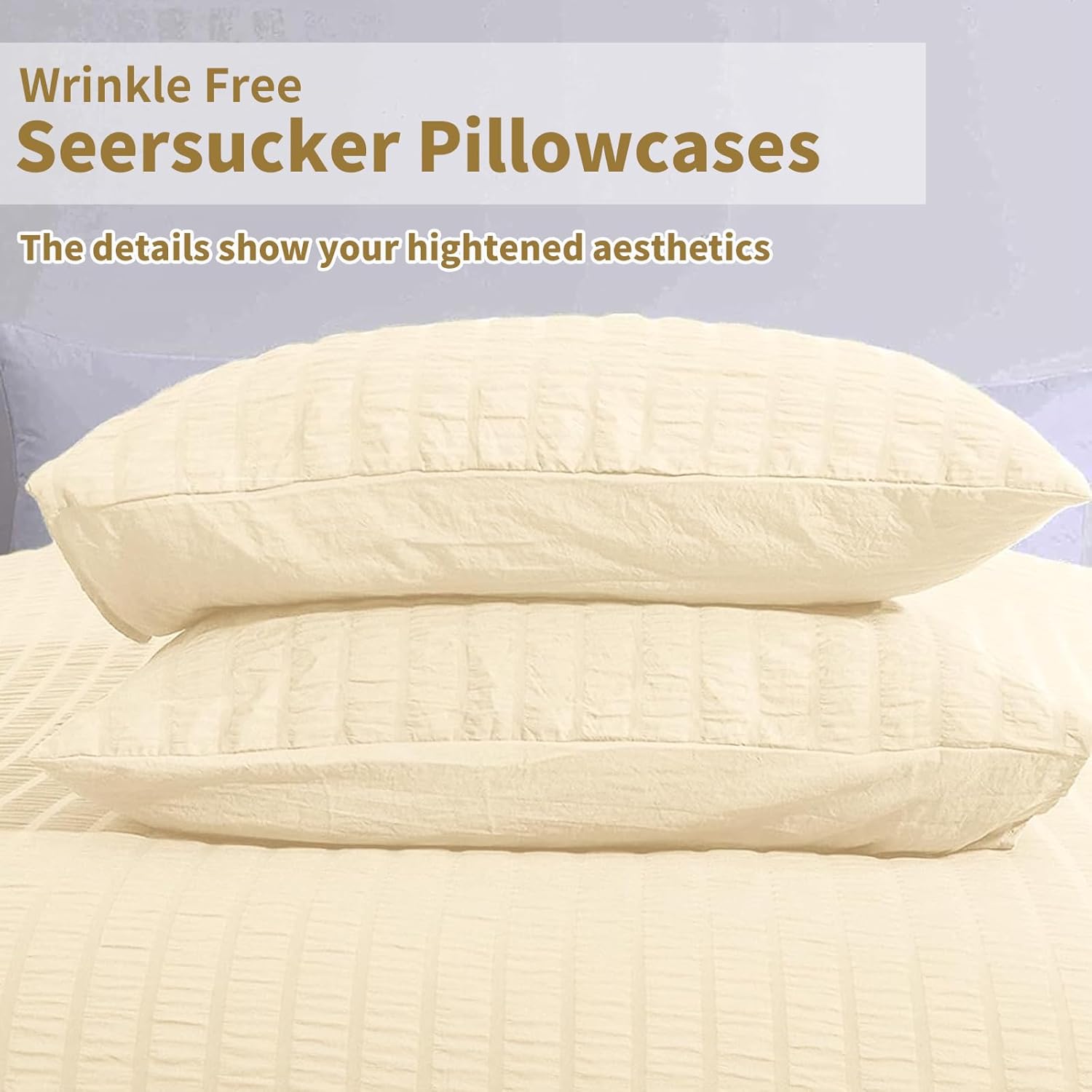 Thumbnail 4 de WONGS BEDDING Cream Yellow Seersucker Bedding Set (King) – Seersucker Duvet Cover with Zipper Closure