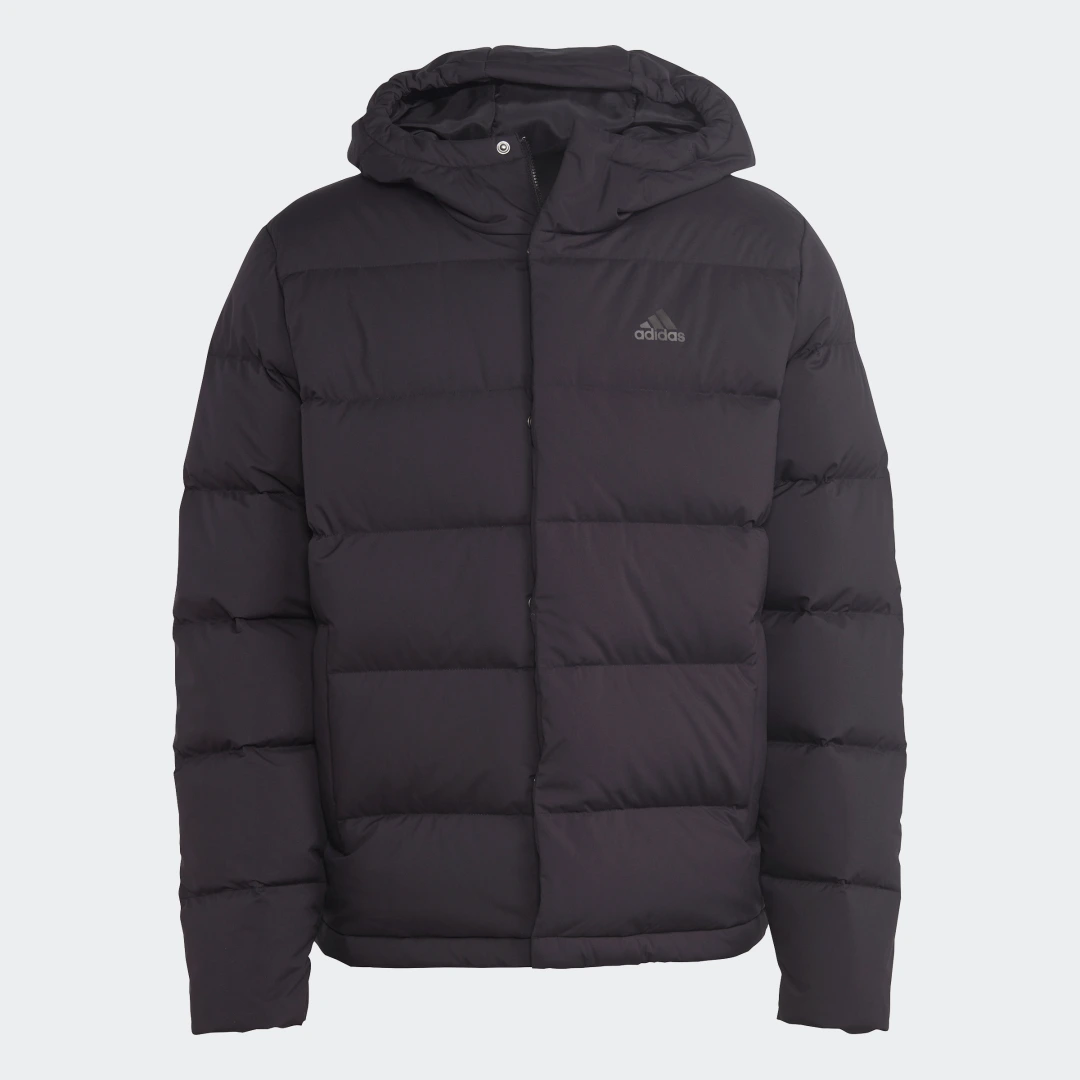 Detalle de Adidas Helionic: chaqueta de plumón con capucha en negro para abrigo diario