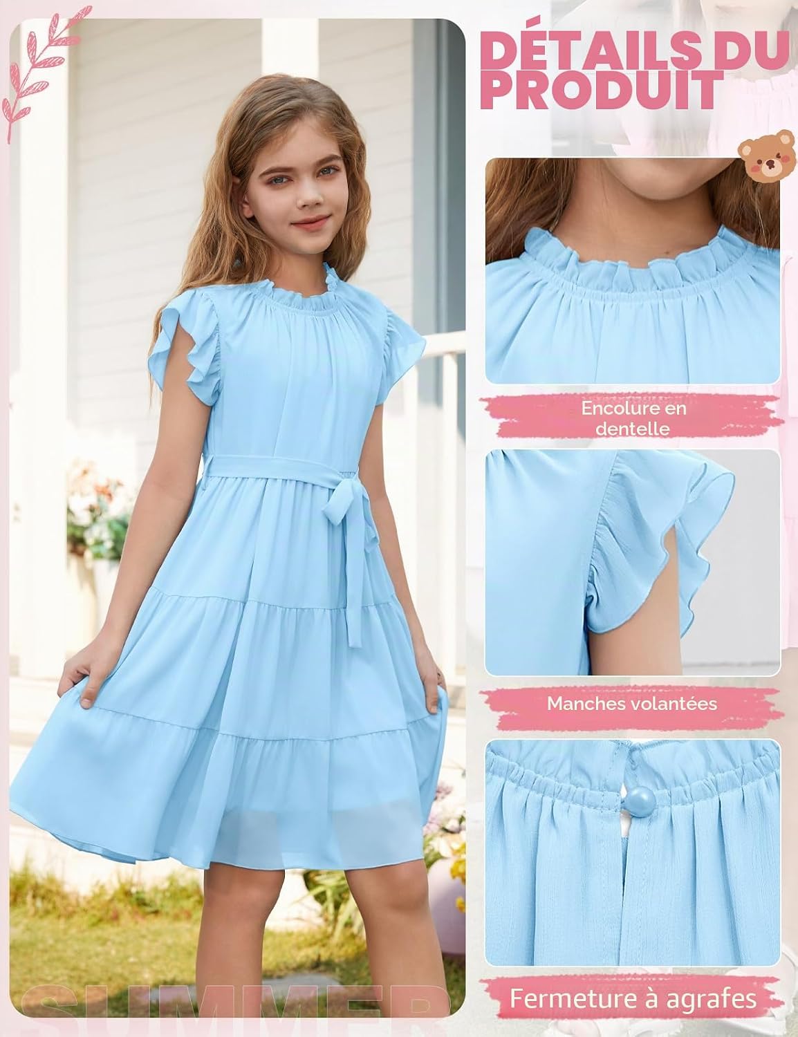 Thumbnail 3 de Fashora Robe d'Été pour Fille — Robe Trapèze Mi-Longue à Volants et Ceinture