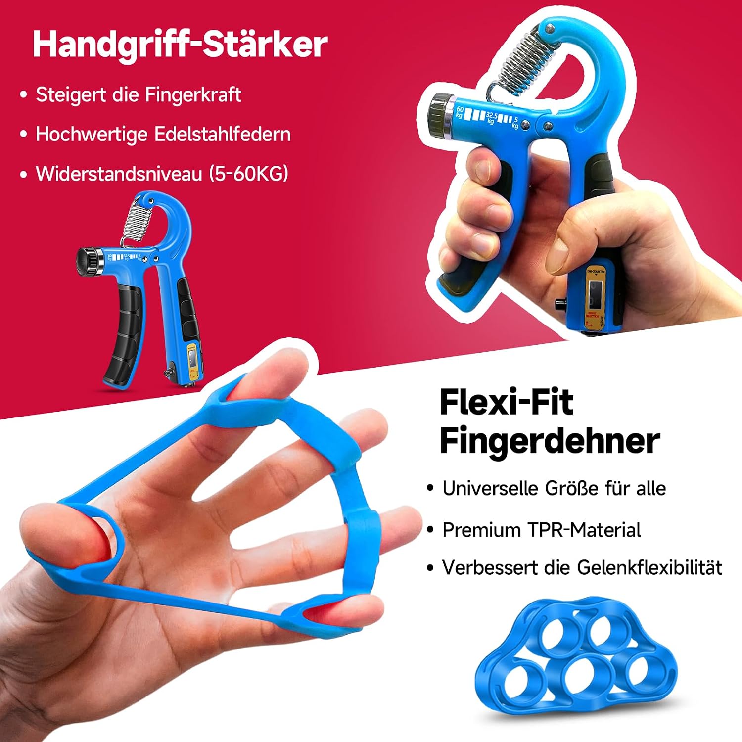 Detalle de FitBeast Handtrainer Trainingsset (5-teilig) mit einstellbarem Widerstand, Fingerdehner & Stressabbau-Griffball