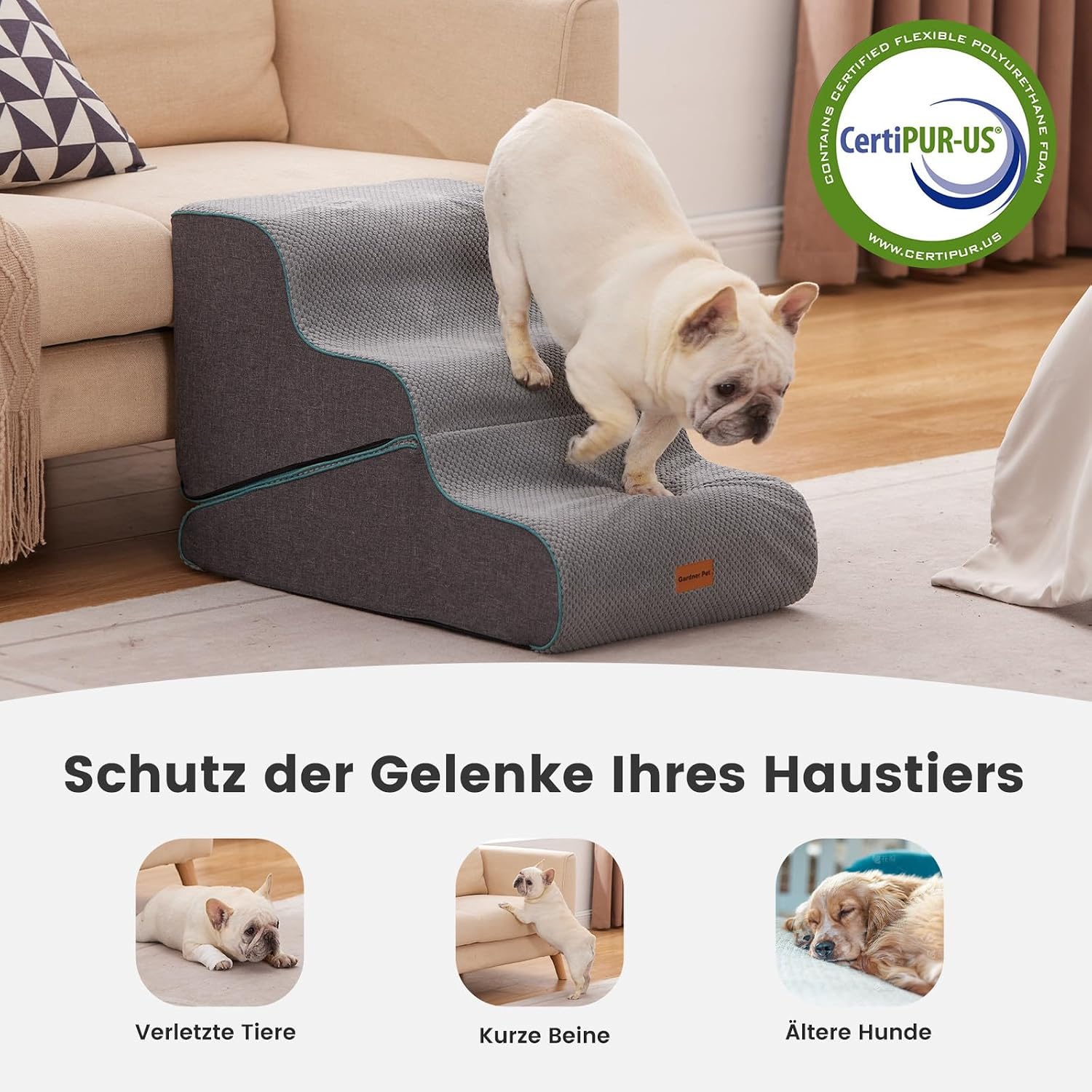 Detalle de Gardner Pet Hundetreppe für kleine Hunde (35/42 cm) mit 3 Stufen – rutschfeste Haustiertreppe aus hochdichtem Schaumstoff