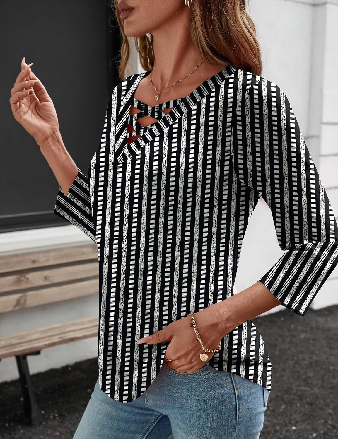 Thumbnail 2 de Rapbin Women Blouses Dressy Casual Spring Tops with 3/4 Sleeves and Criss-Cross V-Neck