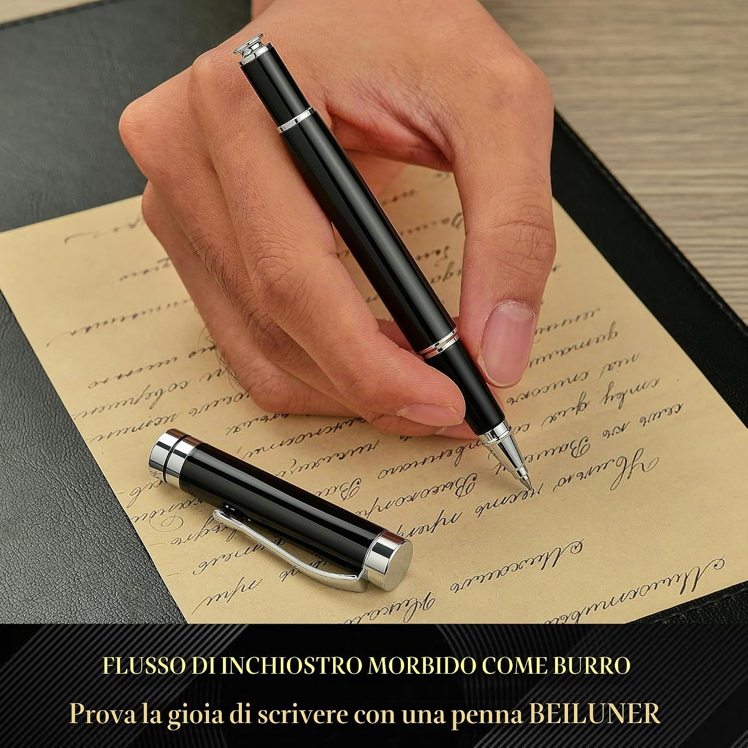Detalle 2 de BEILUNER Penna a Sfera Nero Cromato con Finitura Argentata – Set regalo con ricambio extra 0.5 mm