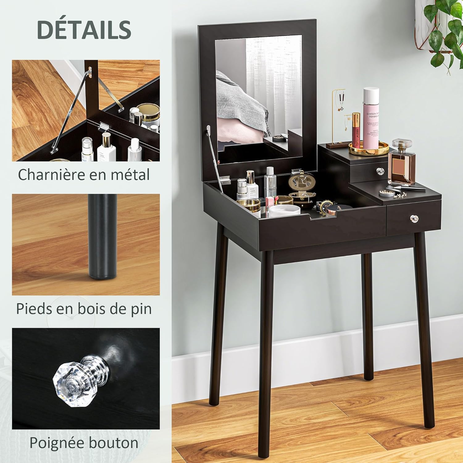 Thumbnail 4 de HOMCOM Coiffeuse avec Miroir 60x50x85,5 cm Noir