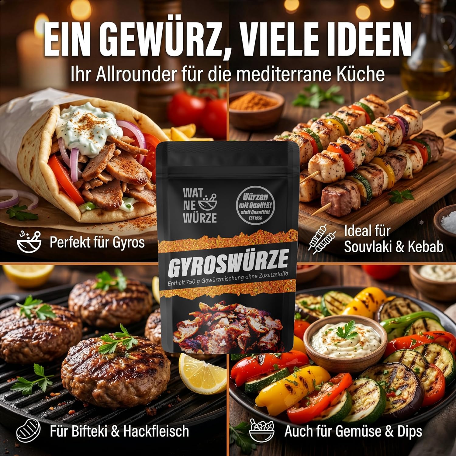 Detalle de WAT NE WÜRZE Gyrosgewürz 250 g – Griechische Gewürze für Gyros, Souvlaki, Döner und mehr