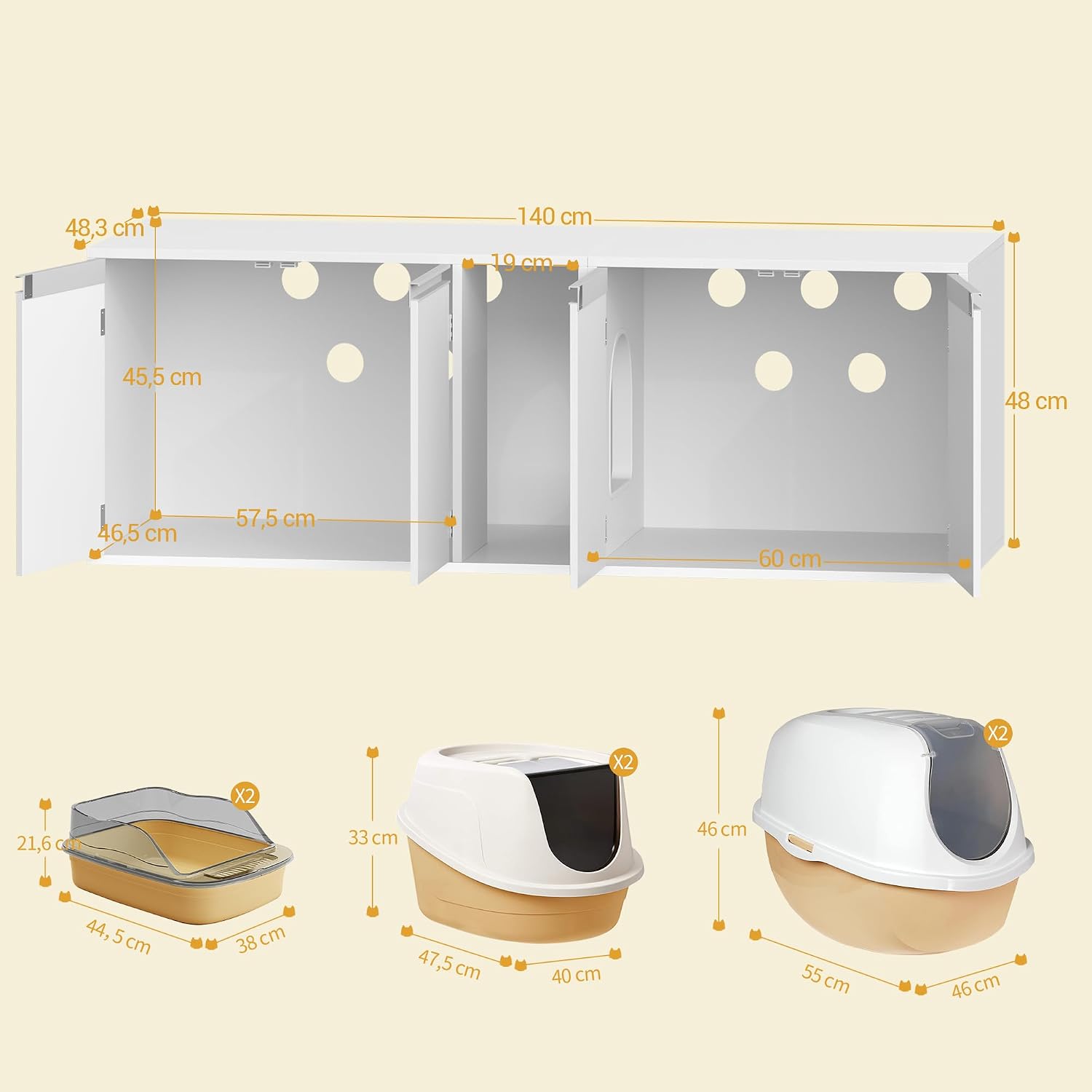 Thumbnail 2 de Hzuaneri Katzenschrank für 2 Katzen – Katzenklo Schrank, Doppelraum, verstecktes Katzenhaus, 140 x 48,3 x 48 cm, Weiß (CB65603X)
