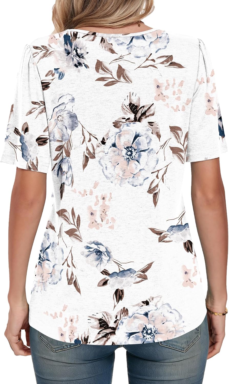 Detalle de PLMOKEN Magliette Donna Manica Corta Estive a Pieghe – Camicia Casual con Collo Rotondo