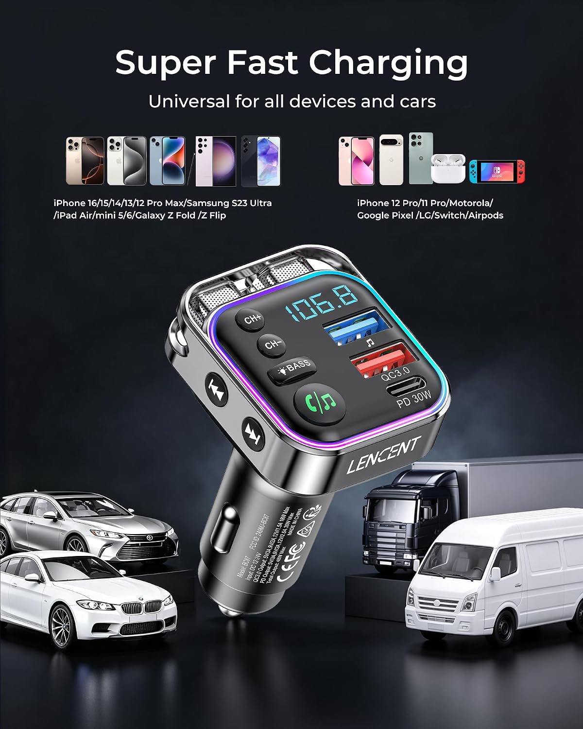 Detalle de LENCENT Bluetooth 5.3 FM Transmitter with 30W PD Charging and Bass Mode
