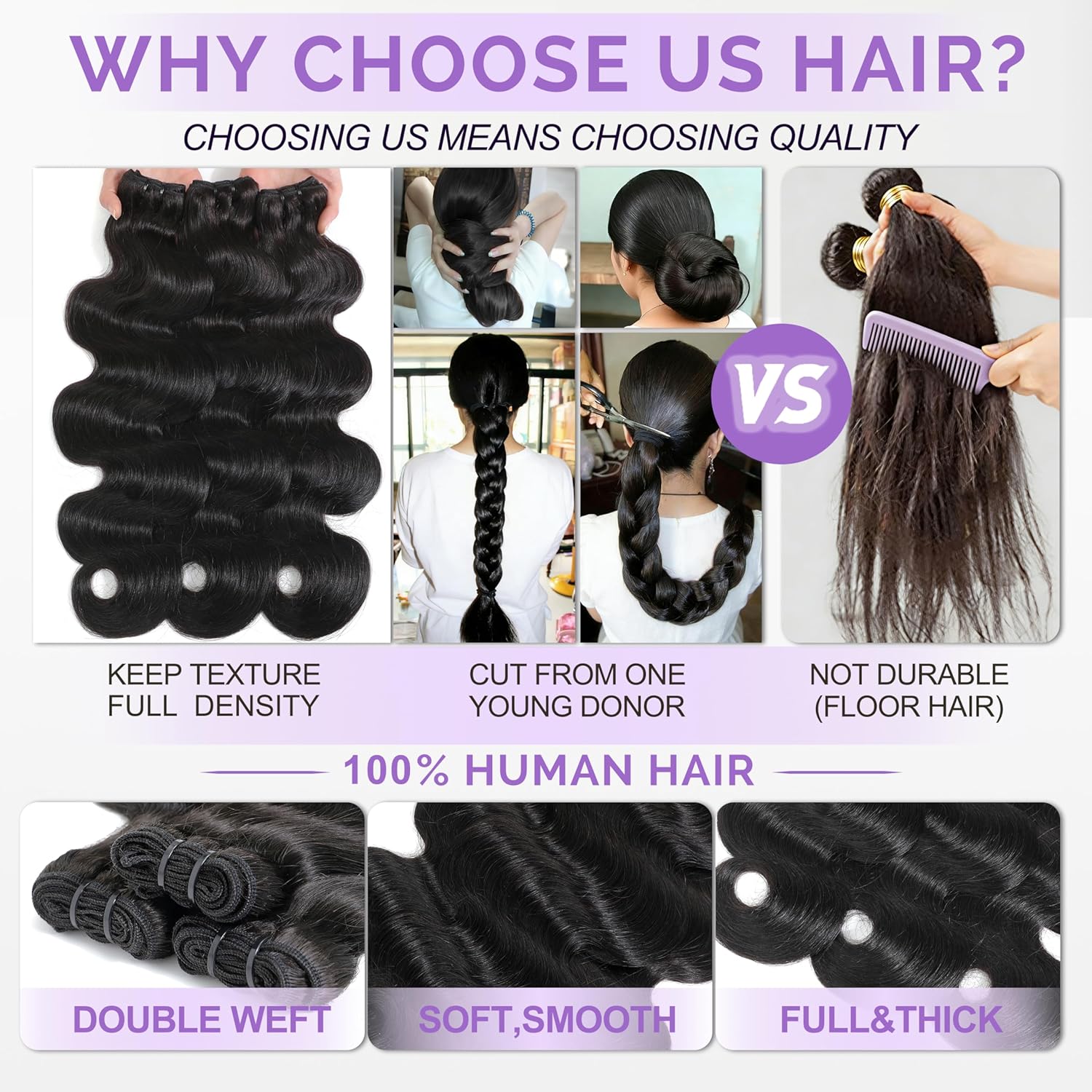 Thumbnail 2 de 16A Body Wave 3 Bundle Pack — Virgin Indian Hair Extensions (20, 22, 24 inches) with Direction Cuticles
