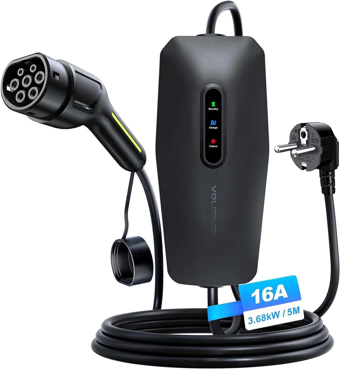 Detalle de VDLPOWERVP EV Charger 3kW Type 2 to 3 Pin Plug — 8m Portable EV Charger for UK
